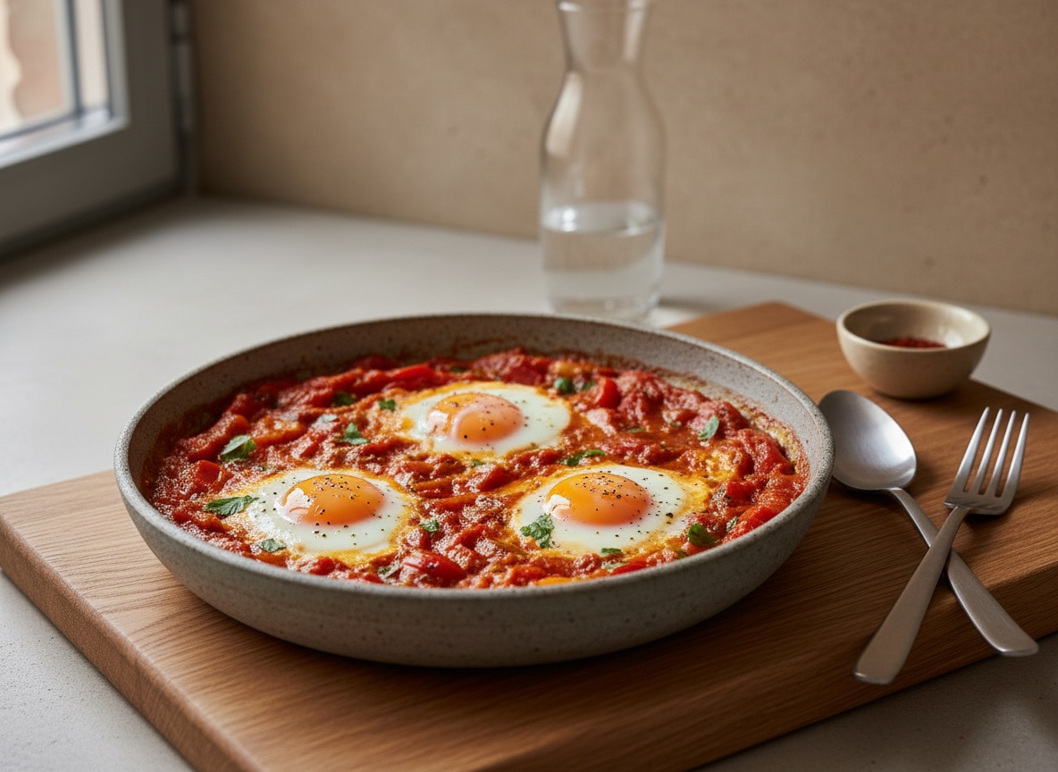 Fuera del fuego, desmiga los 80 g de queso feta por encima si lo usas, repartiéndolo entre los huevos y no sobre la