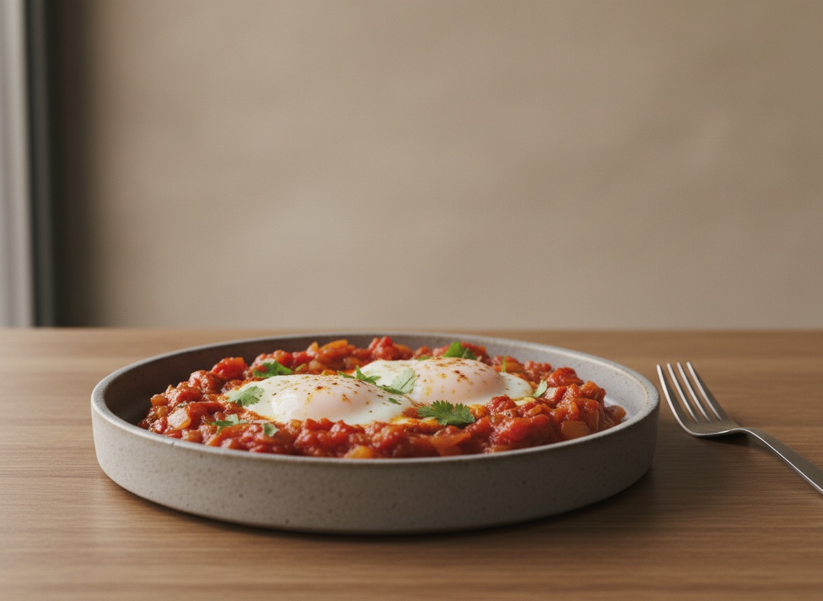 Shakshuka en sartén de hierro: huevos con yemas líquidas cuajados sobre salsa roja densa de tomate y pimiento, feta desmigado y cilantro, con pan de pita al lado