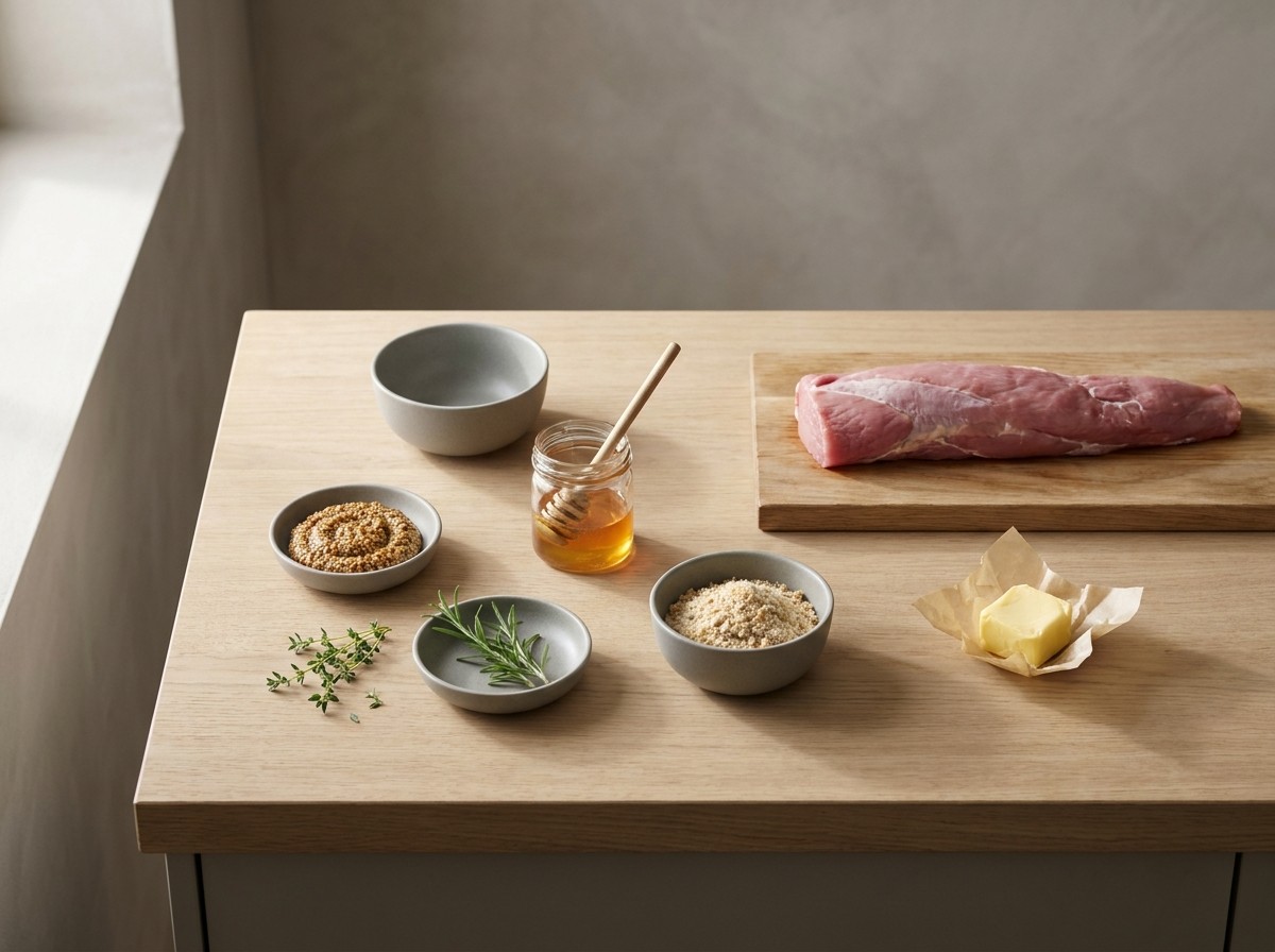 Ingredientes: solomillo de cerdo, mostaza en grano, miel, pan rallado y hierbas