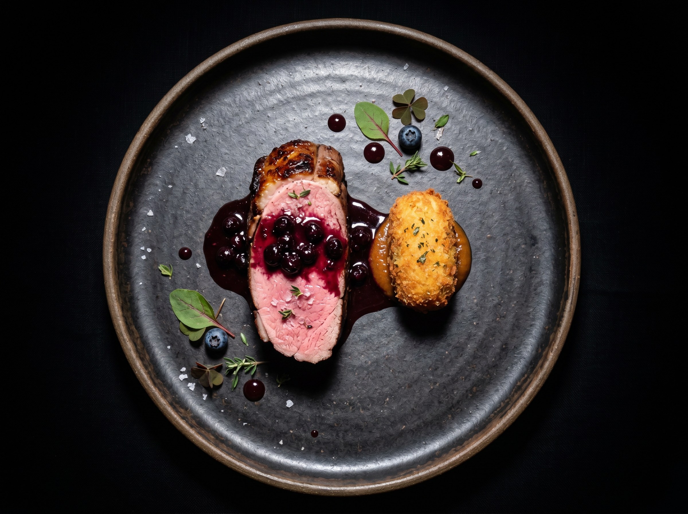 Solomillo de jabalí con salsa de arándanos silvestres y croqueta de foie