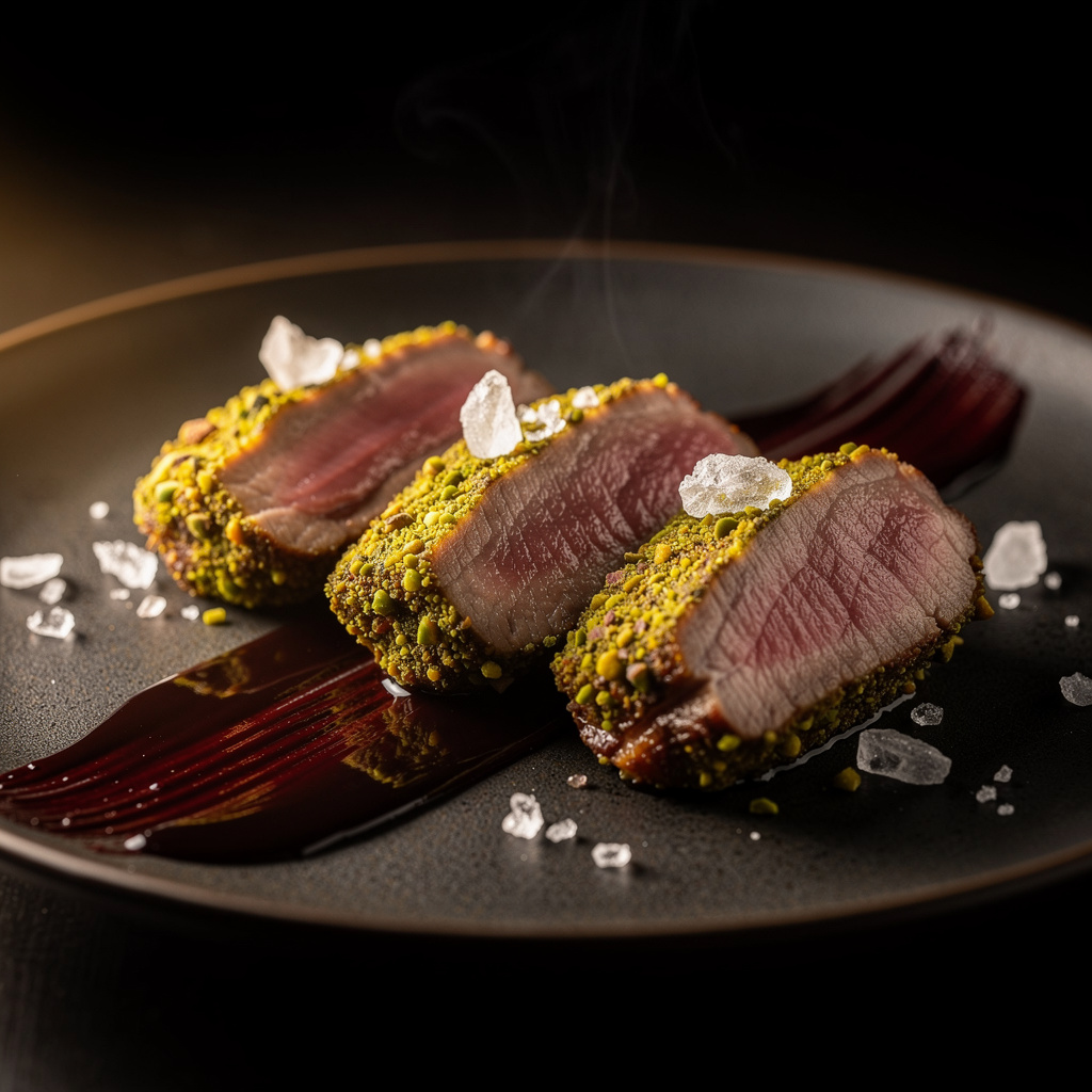 Medallones de solomillo ibérico con costra de pistachos tostados sobre salsa de Oporto brillante