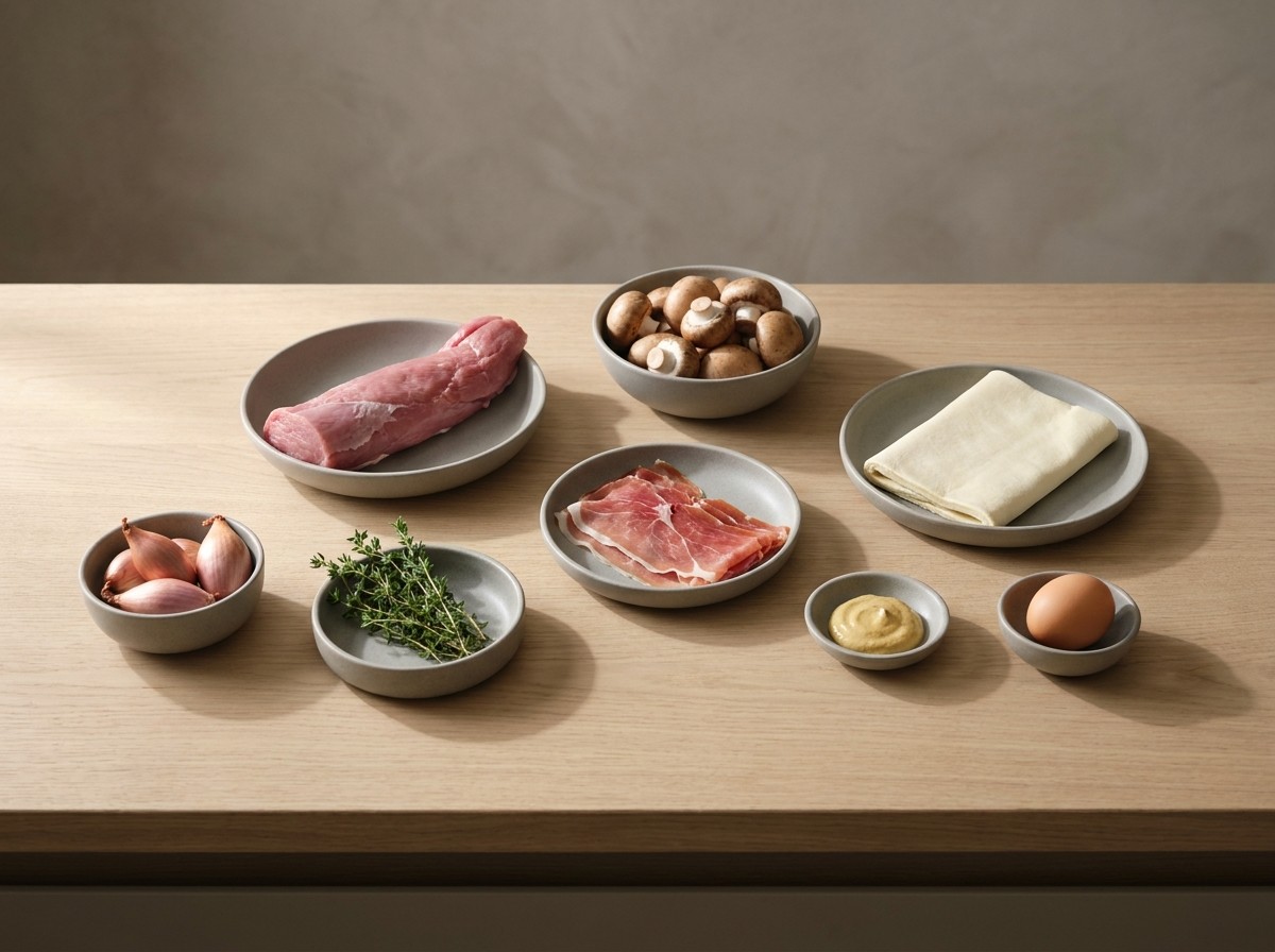 Ingredientes del Wellington de cerdo: solomillo, champiñones, chalotas, jamón, hojaldre y mostaza