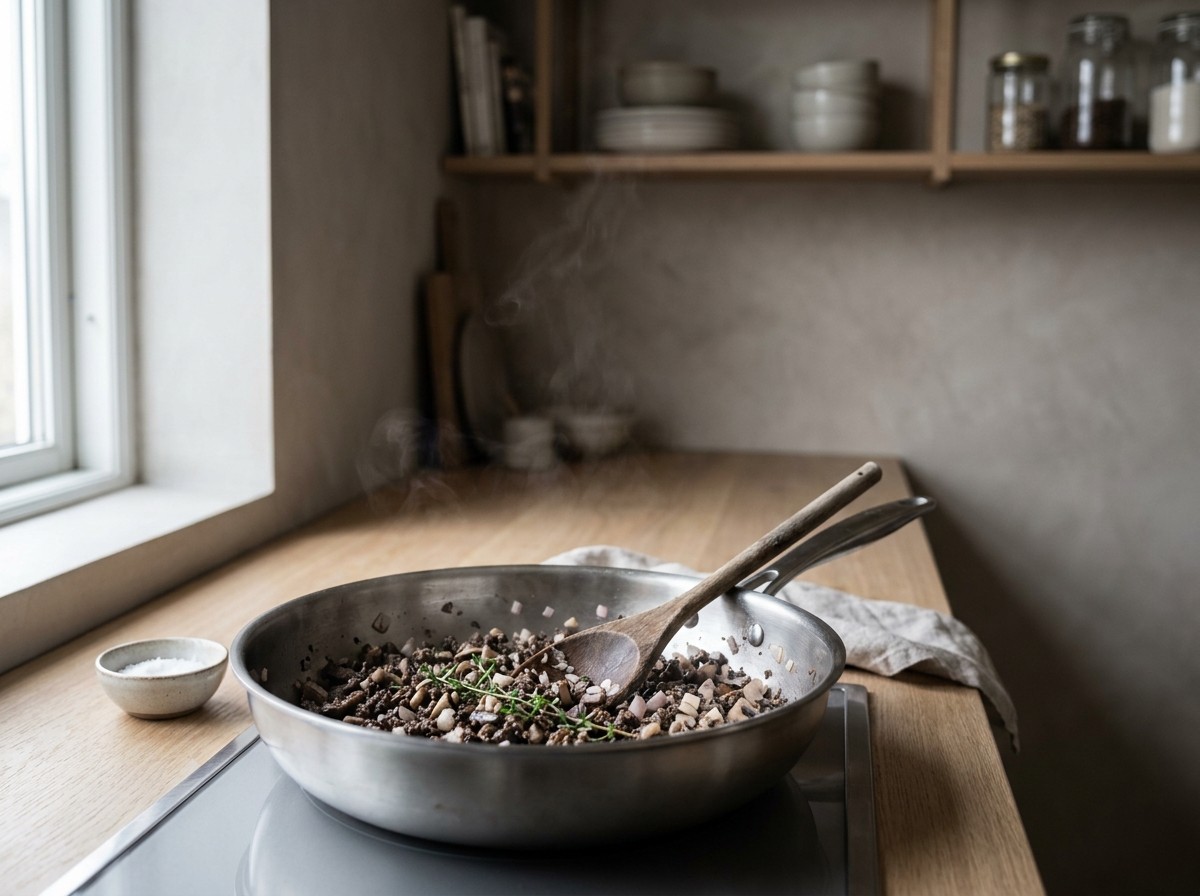 Duxelles de champiñón cocinándose oscura y seca