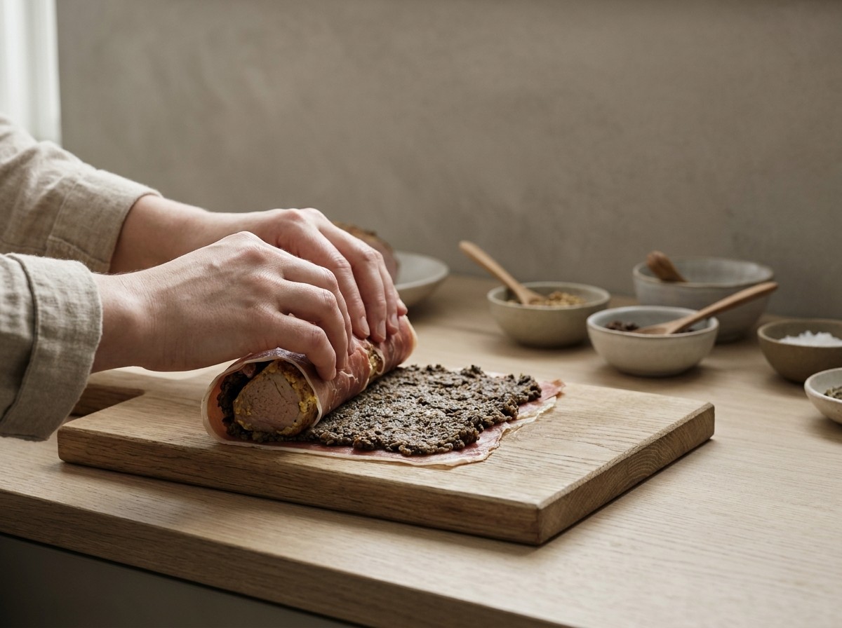 Solomillo envolviéndose en jamón serrano y duxelles con film