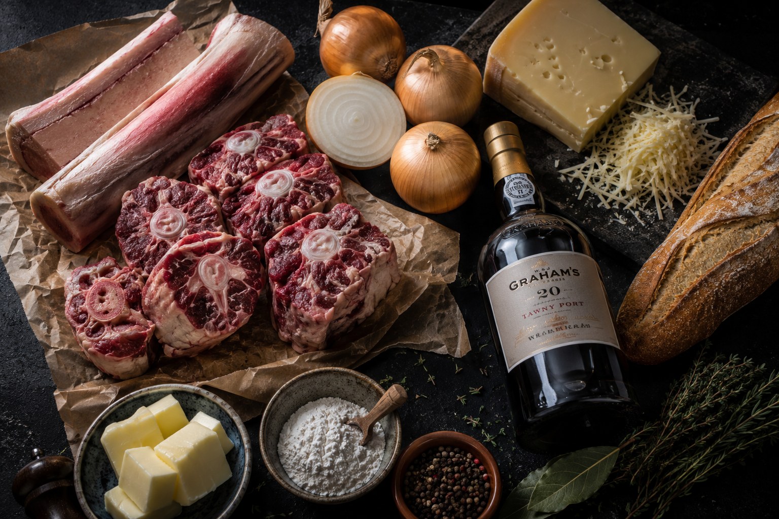 Ingredientes: huesos de caña, rabo de buey, cebollas, Gruyère, baguette y Oporto tawny