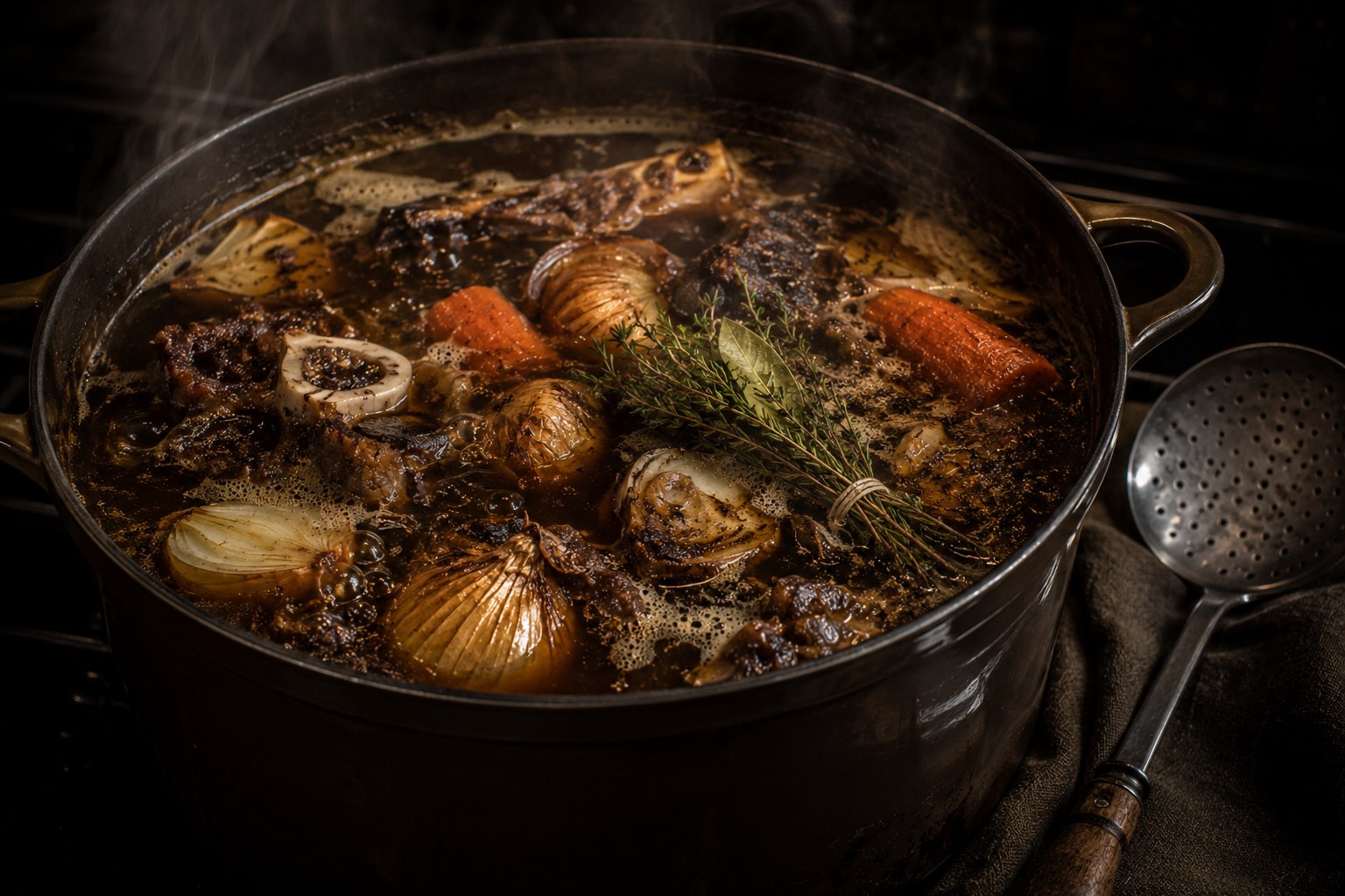 Caldo de buey cociendo a fuego mínimo durante 24 horas