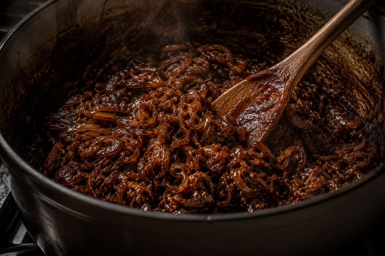 Cebolla caramelizándose 90 minutos hasta color caoba y textura de mermelada