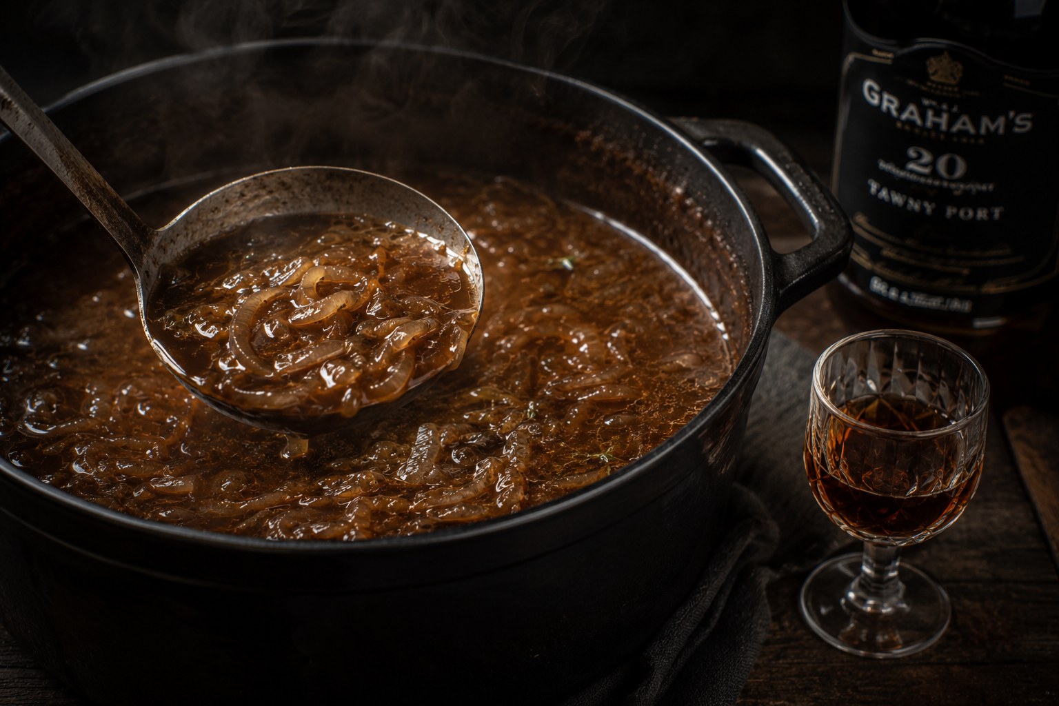 La sopa: caldo oscuro integrándose con la cebolla caramelizada