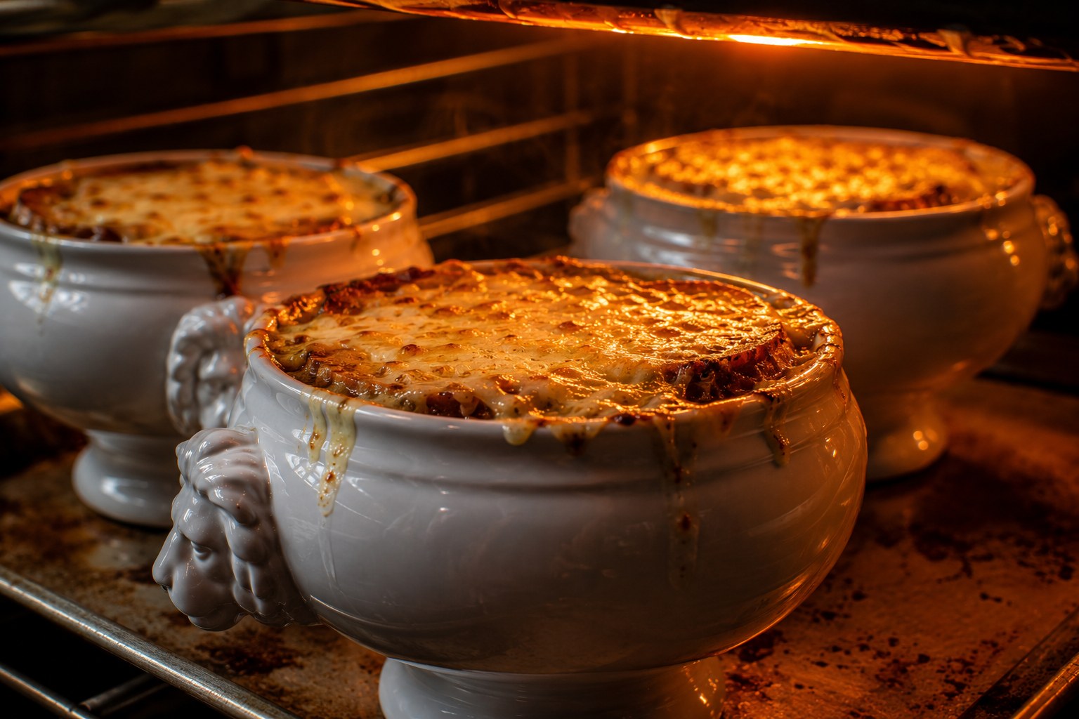 Ollas bajo el grill con la costra de queso dorándose