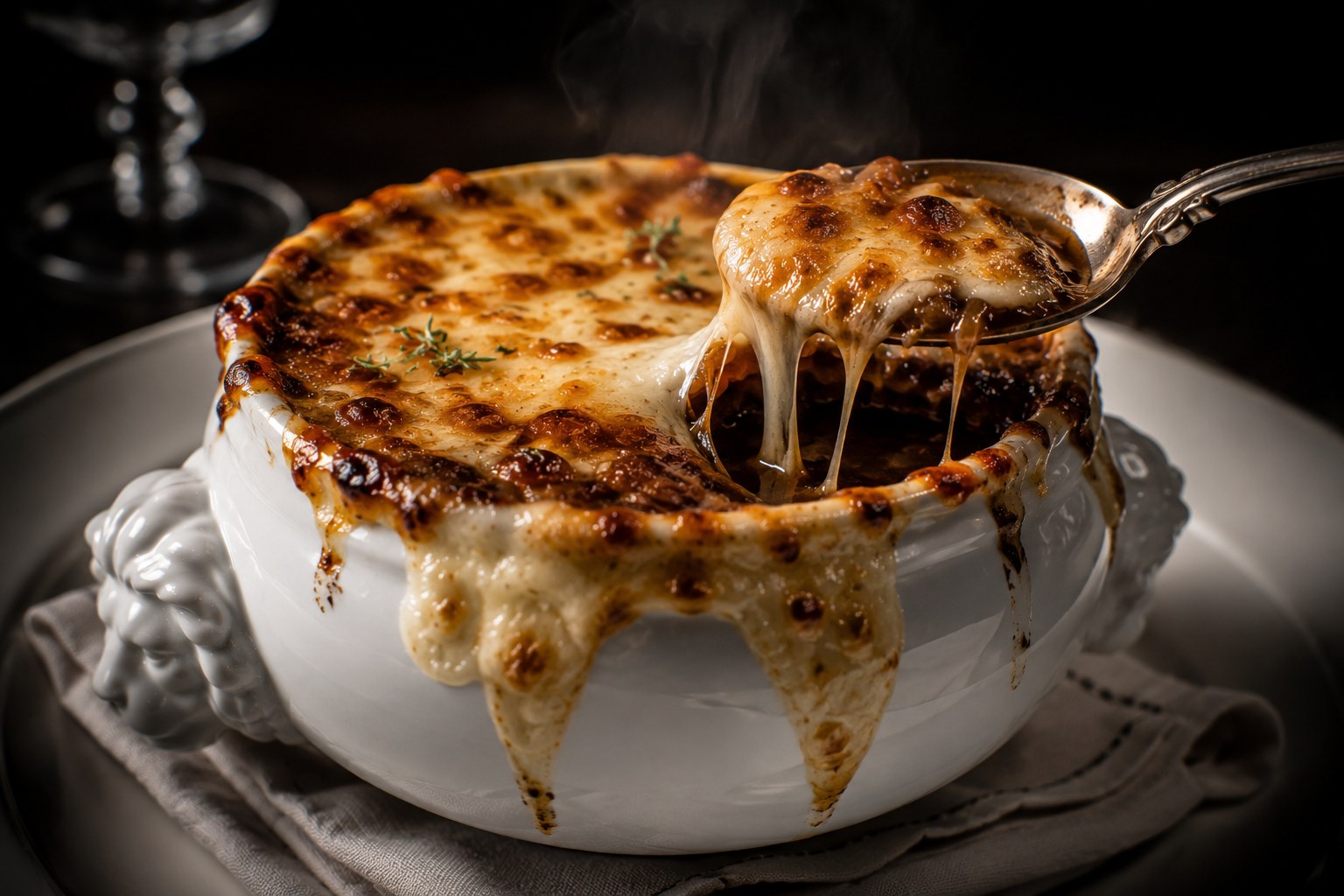 Sopa de cebolla al estilo Bocuse en olla de porcelana blanca con costra de Gruyère gratinada y toque de Oporto