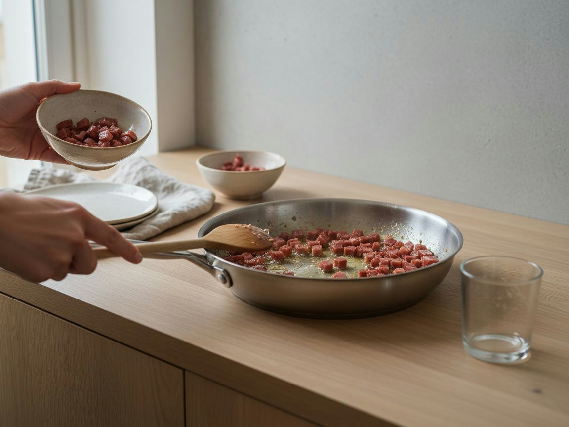 Rebanadas finas de pan tostándose en el aceite perfumado junto a los taquitos de jamón dorados