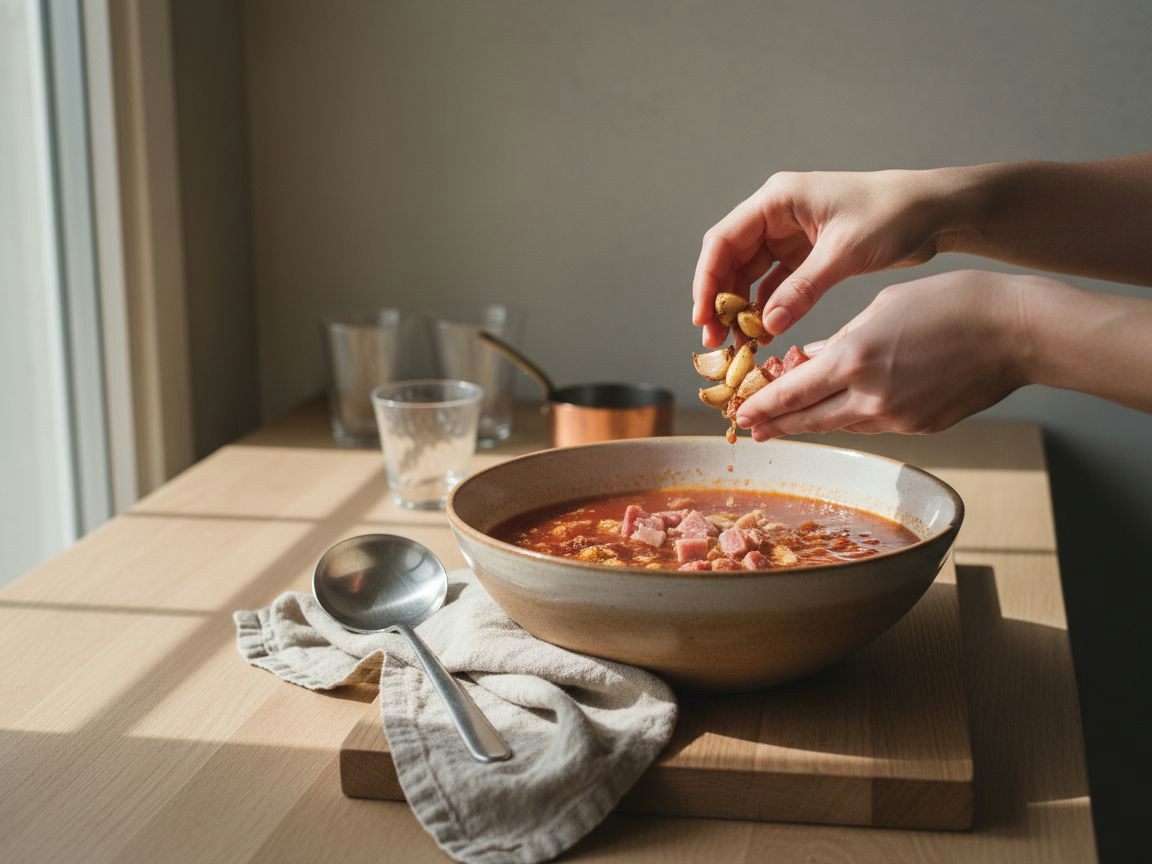 Sopa de ajo ya trabada cayendo en cinta desde la cuchara, de color teja intenso
