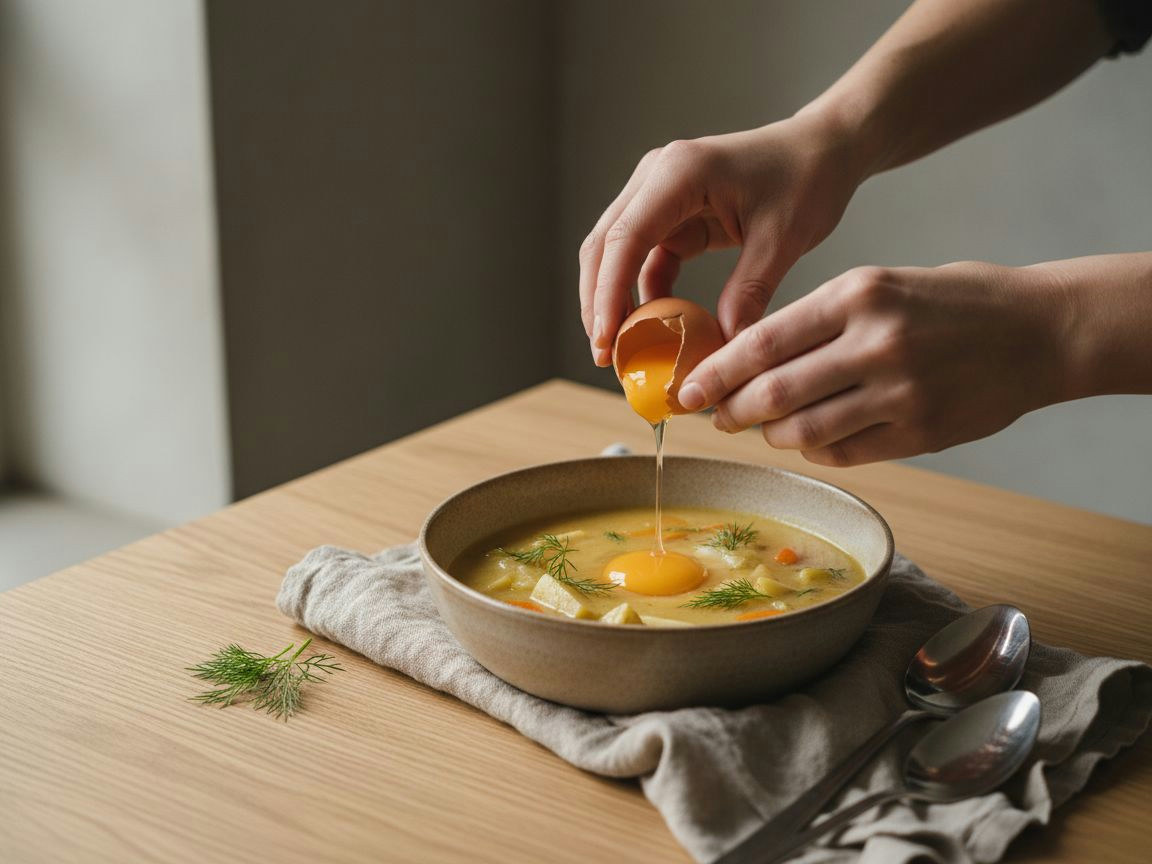 Cuatro huevos cuajando sobre la superficie de la sopa de ajo en la cazuela, con las claras blancas y las yemas brillantes