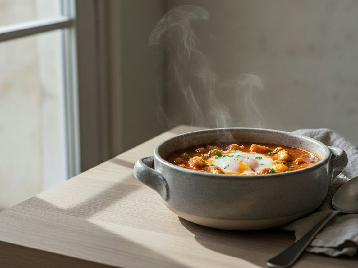 Cazuela de barro individual con sopa de ajo castellana de color teja, huevo escalfado encima con la yema brillante, láminas de ajo dorado y taquitos de jamón