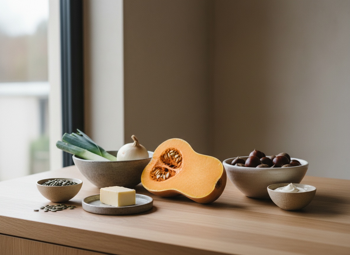 Bodegón sobre mesa de madera clara: media calabaza cacahuete con sus pepitas a la vista, castañas frescas en cuenco blanco hueso, puerro y cebolla, mantequilla en dado, pipas de calabaza y nata en cuenco pequeño.