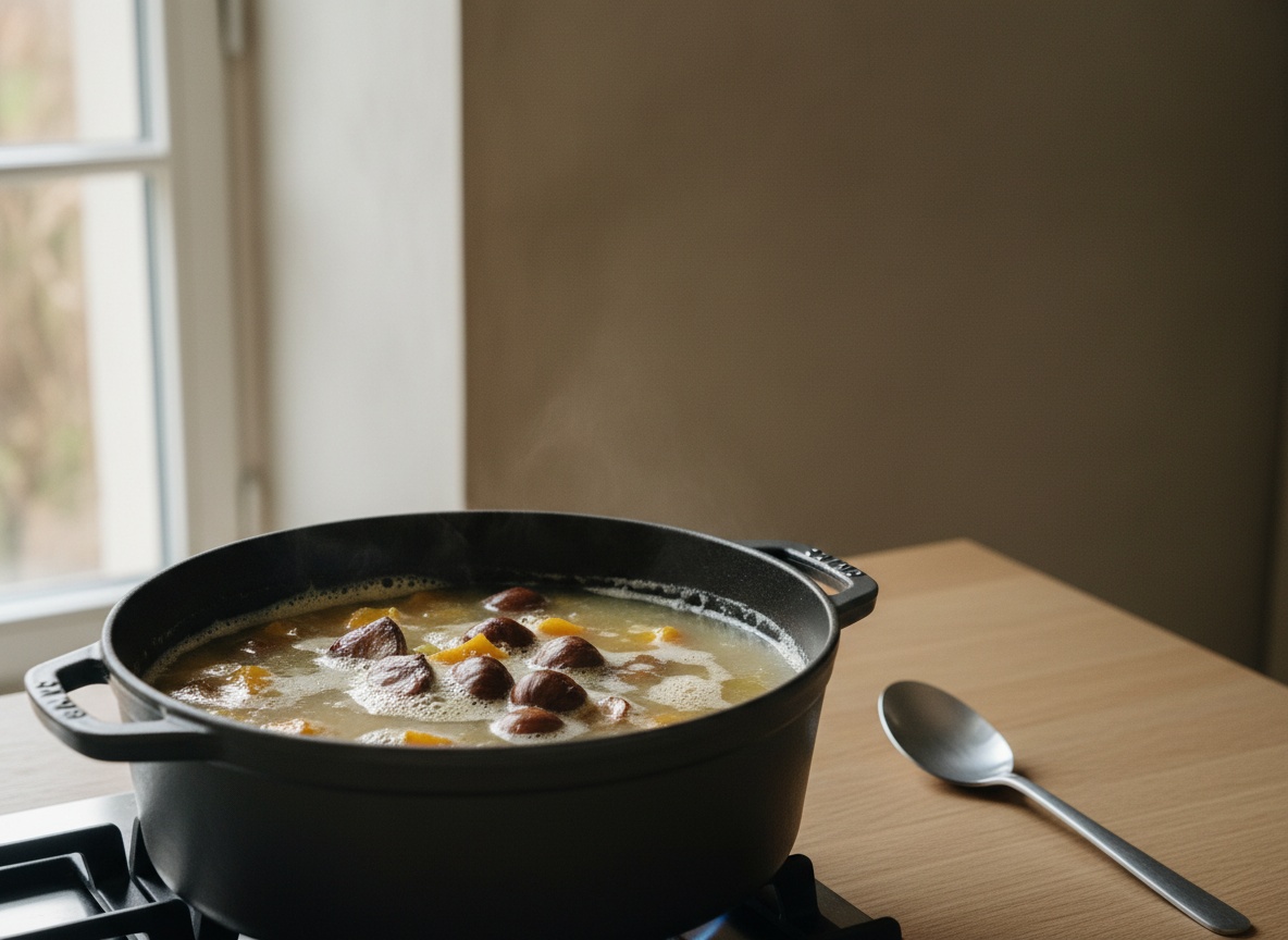 Olla sobre la placa con llama con castañas troceadas cociéndose en caldo de verduras pajizo, hervor suave con burbujas pequeñas en la superficie y algo de espuma clara en los bordes.