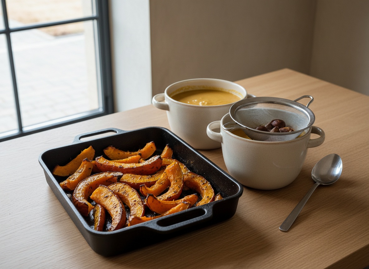 Bandeja de horno con gajos de calabaza asada, bordes oscuros y caramelizados, la piel separándose de la pulpa naranja intensa, junto a la olla con la crema recién triturada y un chino apoyado sobre otra olla.