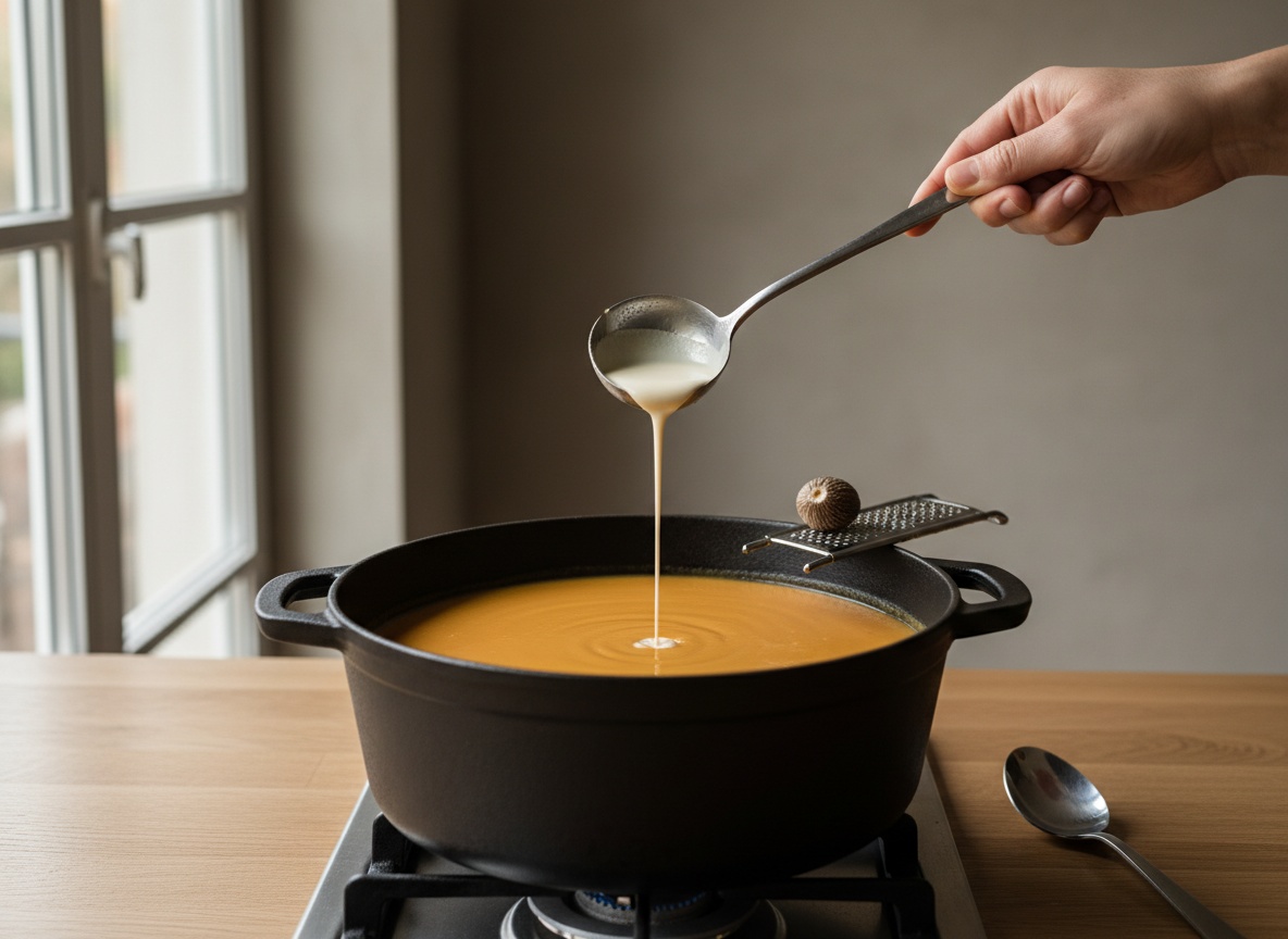 Olla sobre la placa con llama al mínimo con la crema naranja tostada y lisa, un hilo de nata cayendo desde un cazo pequeño en el centro y un rallador con nuez moscada apoyado en el borde de la olla.