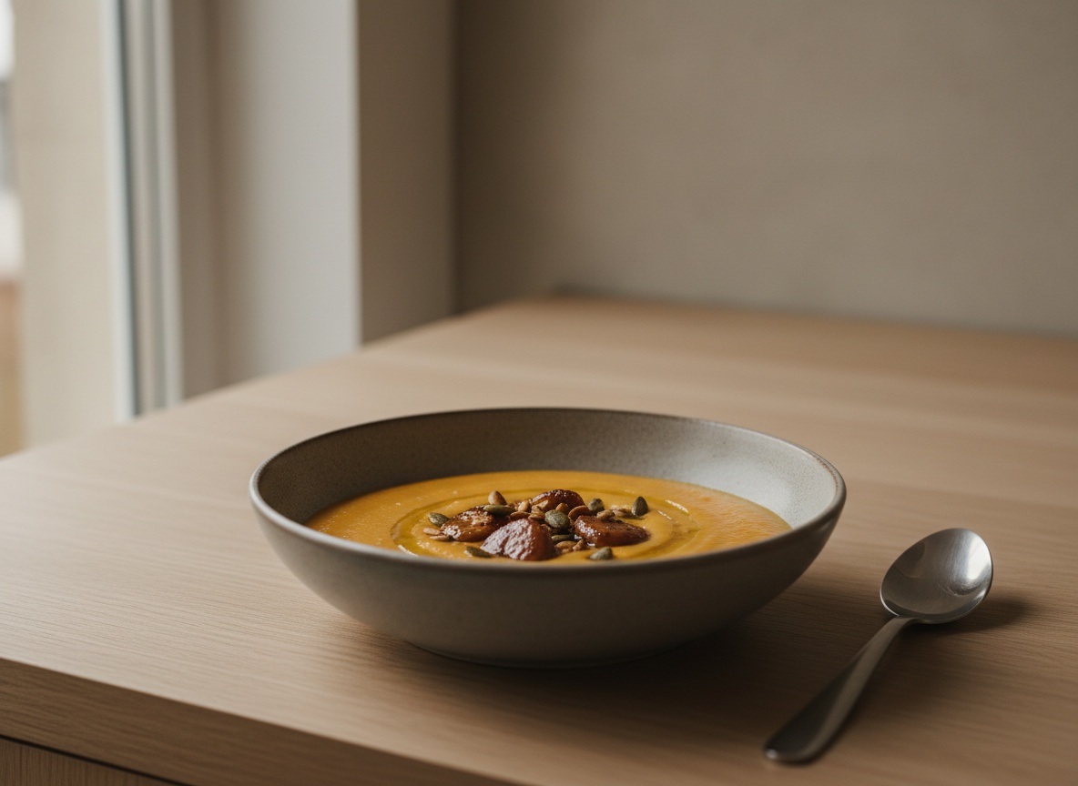 Crema de castañas y calabaza asada, lisa y naranja tostado, en cuenco blanco hueso, con castañas doradas, pipas de calabaza tostadas y un hilo de aceite.