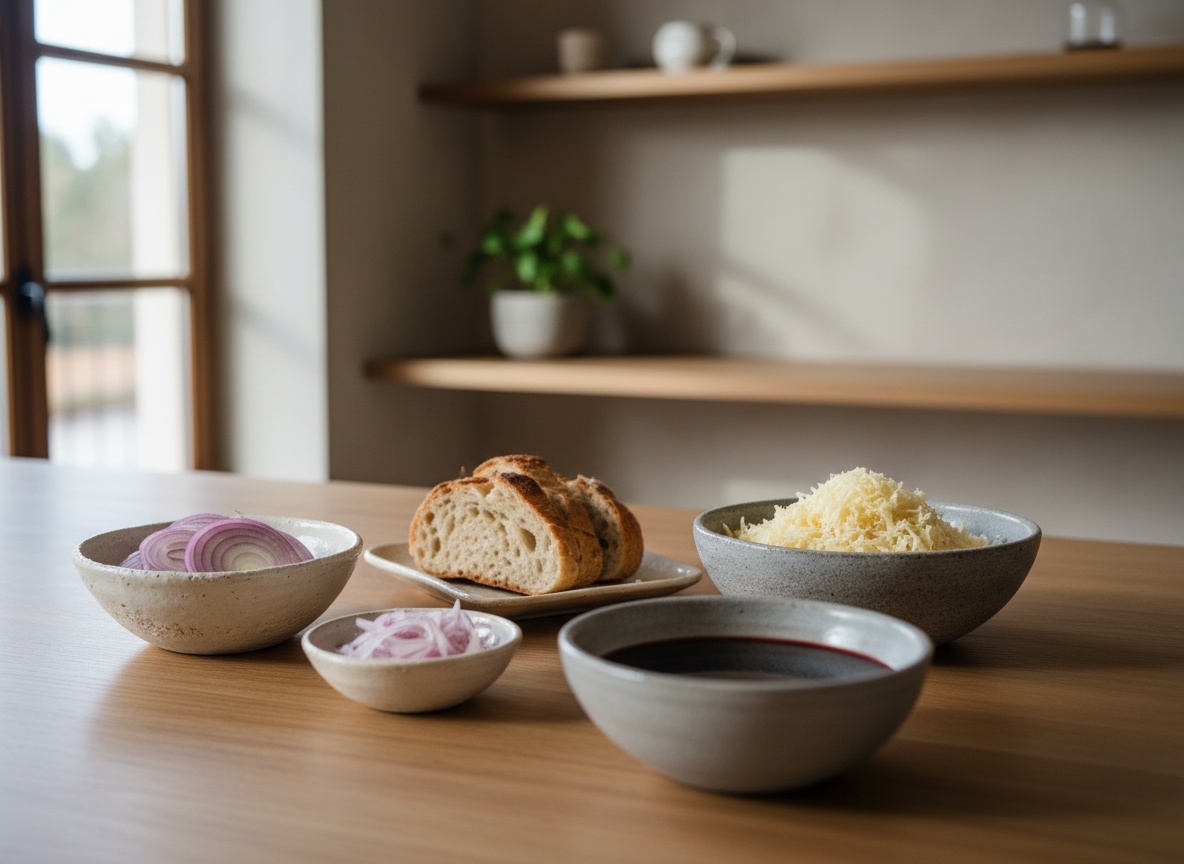 Ingredientes de la sopa de cebolla roja —cebollas, Comté rallado, pan y vino— en cuencos de cerámica vistos de lado sobre roble, con luz de día por la izquierda