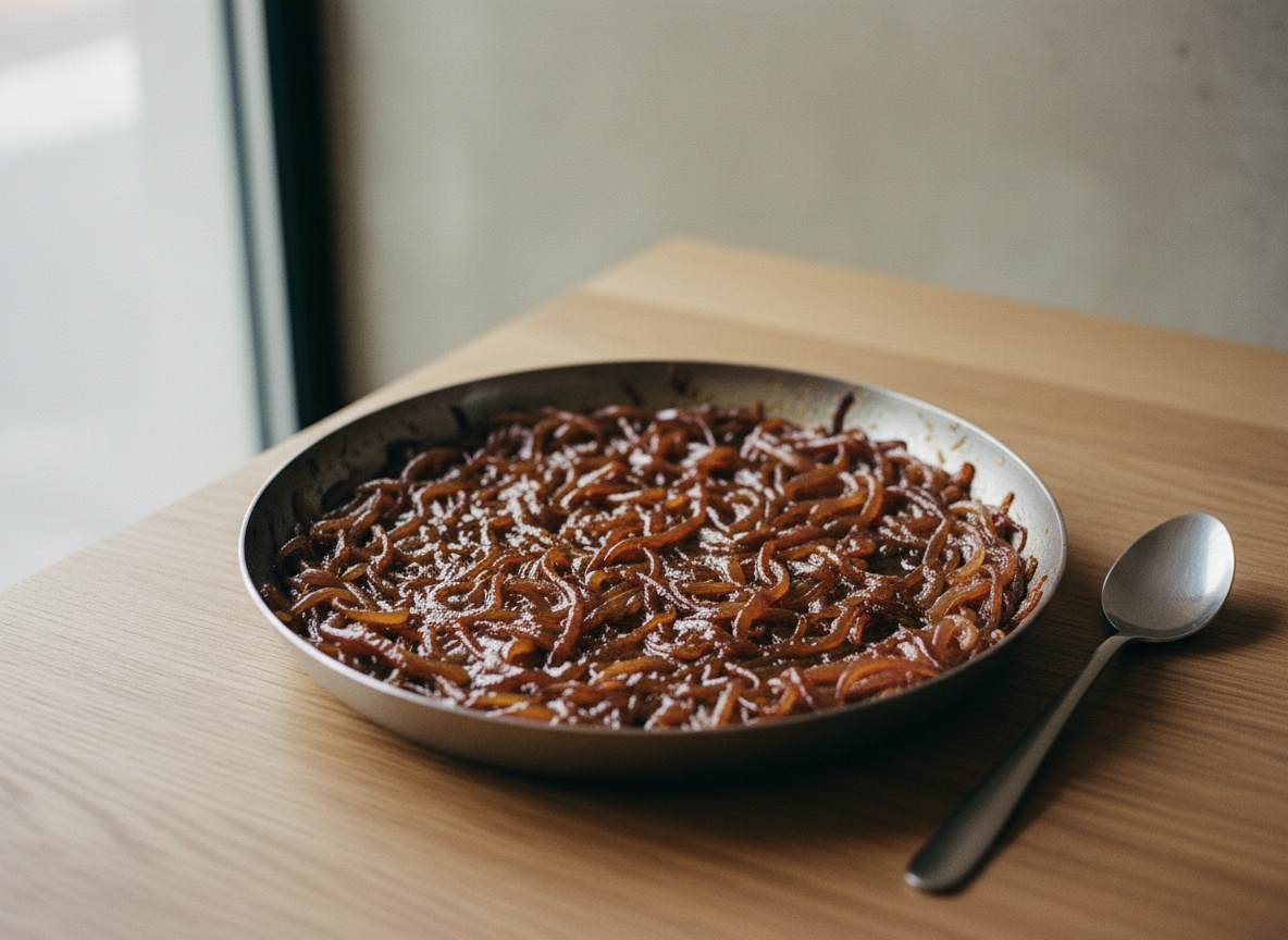 Cebolla caramelizándose hasta un tono caoba brillante tras cuarenta minutos a fuego lento