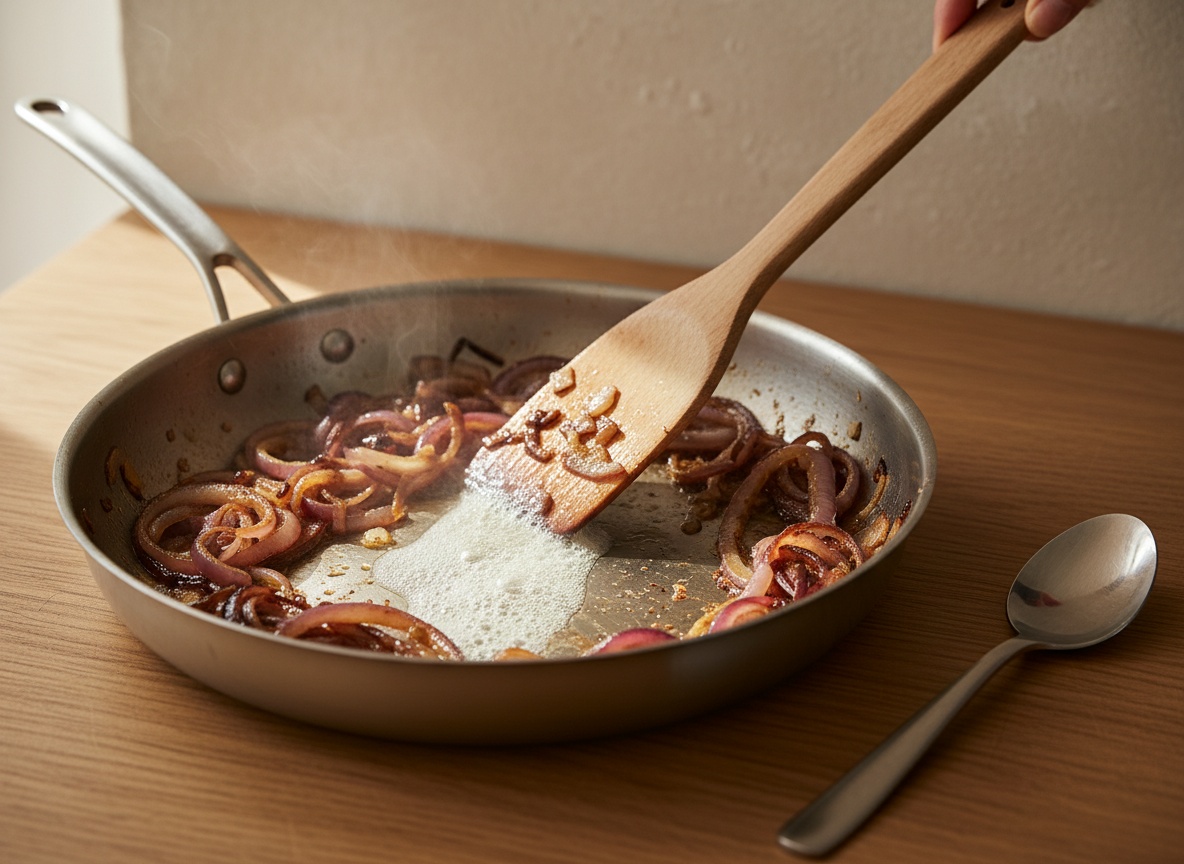 Desglasado de la cebolla caramelizada con vino blanco raspando el fondo tostado
