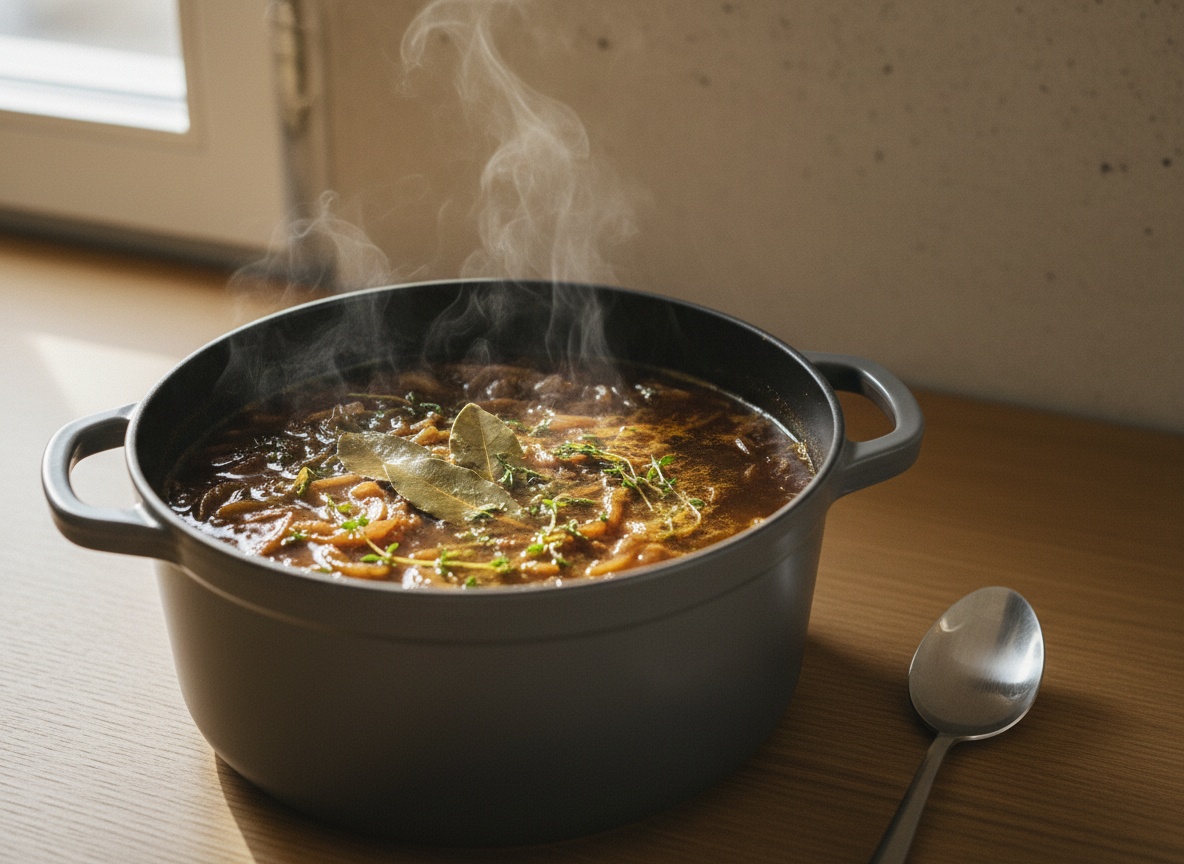 Sopa de cebolla oscura hirviendo suavemente con caldo, laurel y tomillo