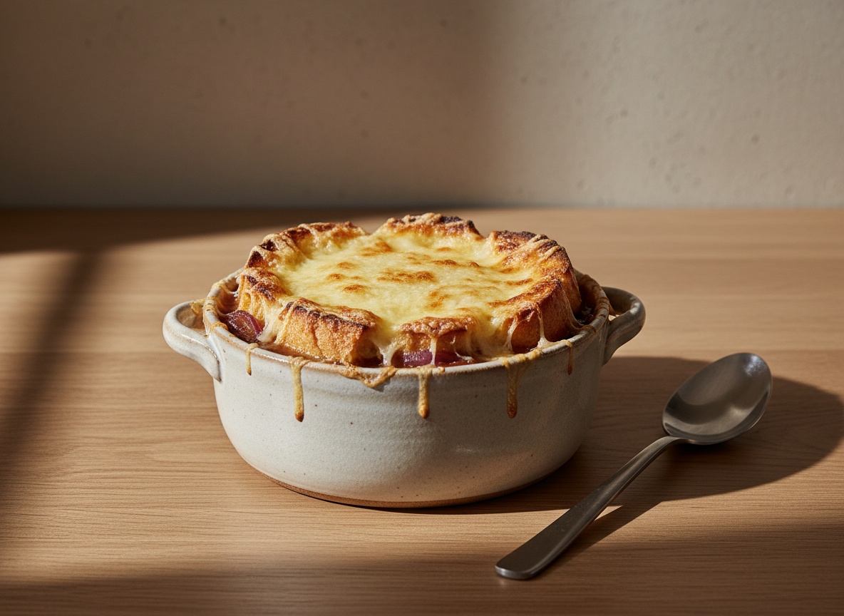 Cazuelas individuales llenas de sopa con rebanadas de pan tostado flotando encima