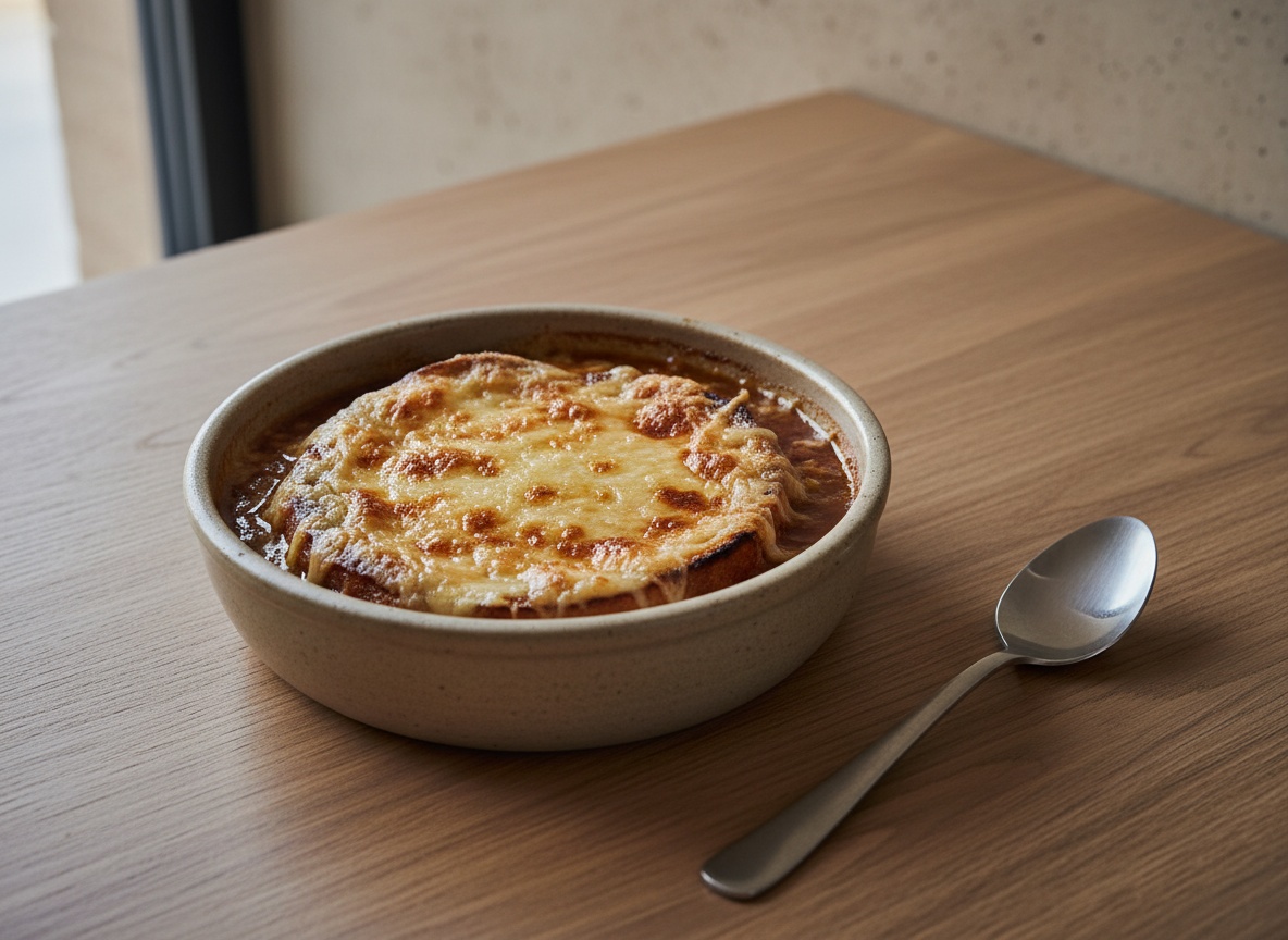 Comté rallado cubriendo el pan y empezando a gratinarse y dorarse bajo el grill