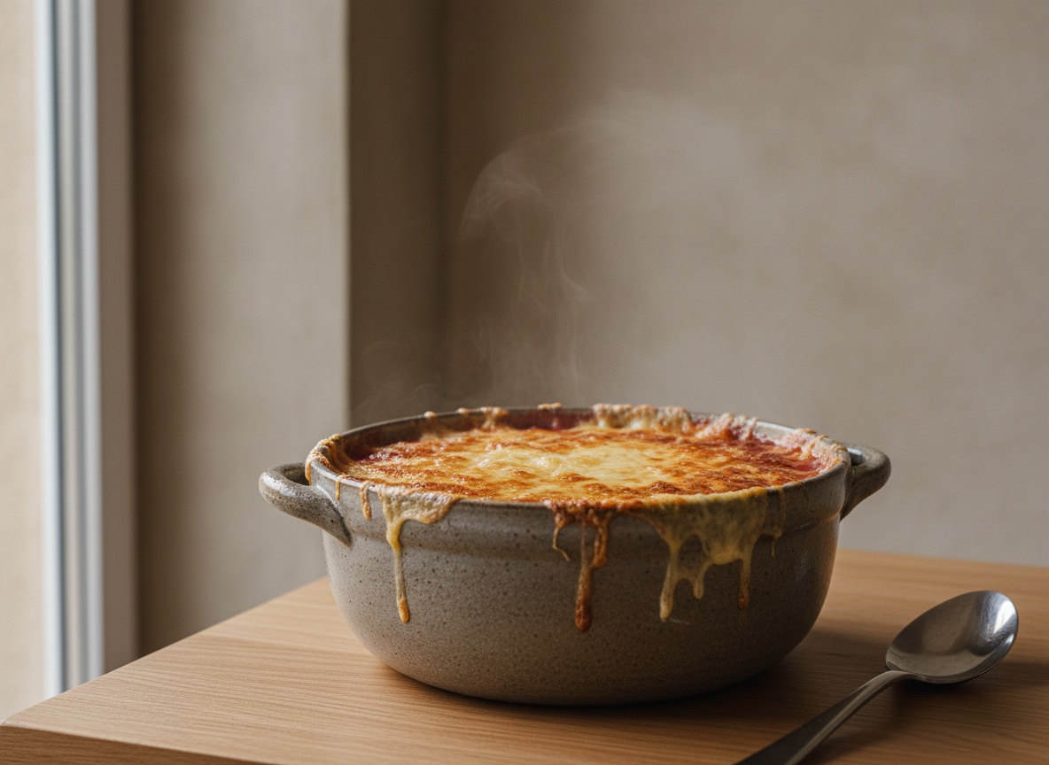 Cazuela individual de cerámica con sopa de cebolla roja gratinada, la costra de Comté fundida y dorada burbujeando sobre la rebanada de pan, sobre superficie de roble con luz por la izquierda