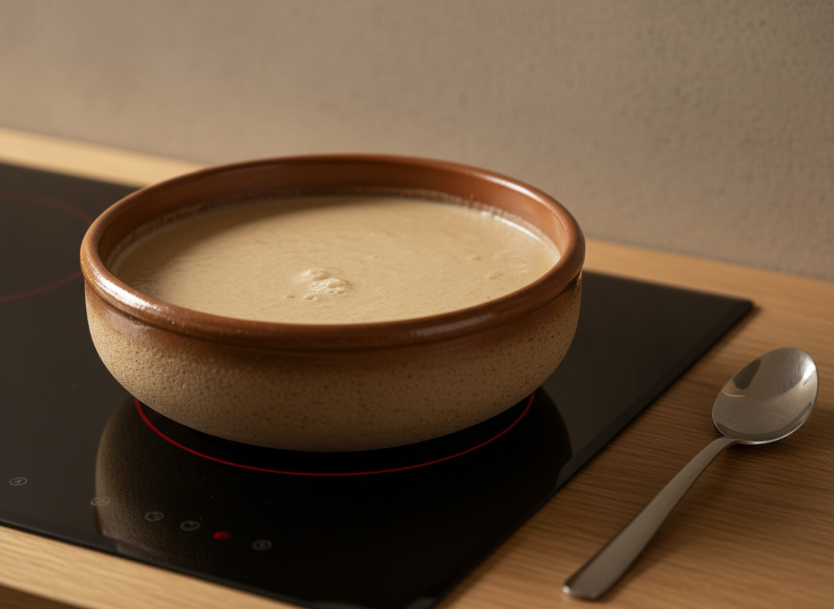 Crema de colmenillas triturada, fina y homogénea, de color tostado, en la cazuela a fuego suave.