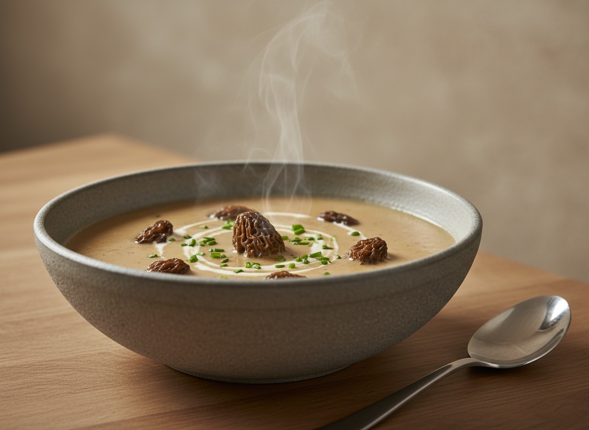 Sopa cremosa de colmenillas de color tostado servida en cuenco hondo de cerámica artesanal, con colmenillas alveoladas enteras, un hilo de nata y cebollino, ligero vapor, luz natural suave desde la izquierda.
