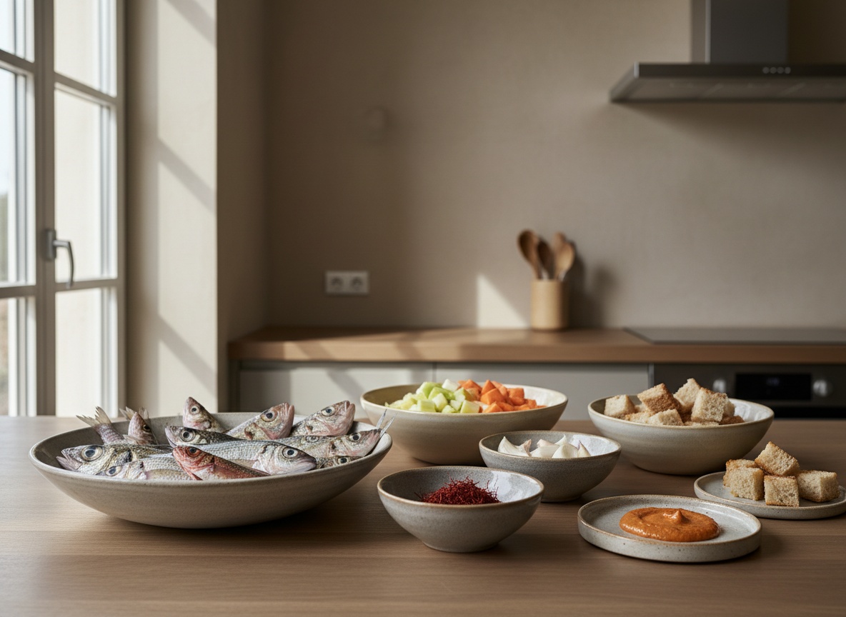 Ingredientes de la sopa de pescado de roca —morralla con cabezas, verduras, azafrán y pan— en cuencos de cerámica vistos de lado sobre roble, con luz de día por la izquierda