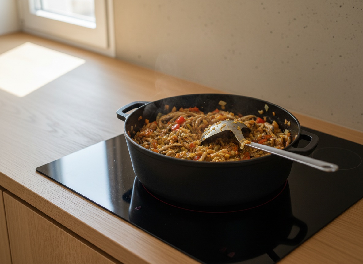 Morralla y verduras sofriéndose a fuego fuerte y aplastándose con la cuchara en la olla
