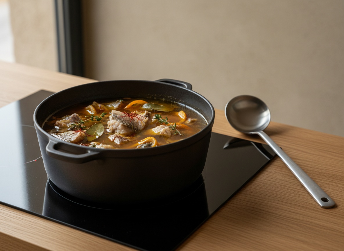 El caldo de pescado cociendo con azafrán, piel de naranja y hierbas tomando color ámbar