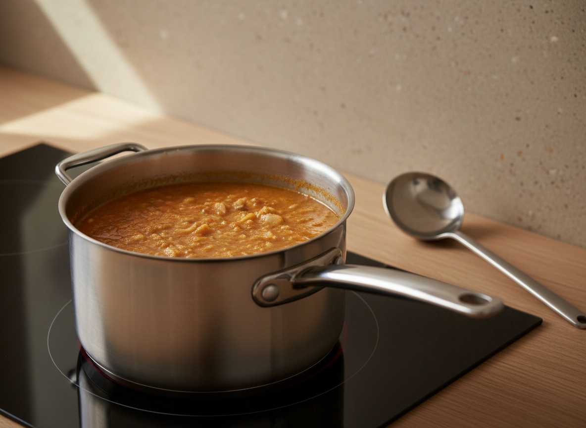 La sopa de pescado colada, densa y anaranjada, calentándose de nuevo en la olla