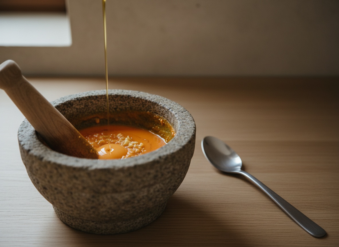 La rouille montándose en el mortero con el aceite cayendo en hilo fino sobre la yema y el ajo