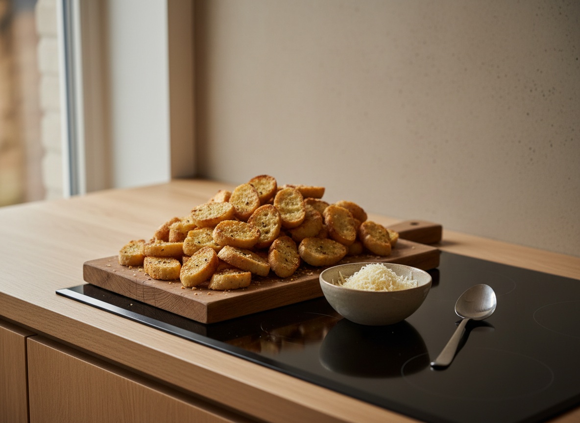 Croûtons de baguette dorados y frotados con ajo junto a un cuenco de queso rallado