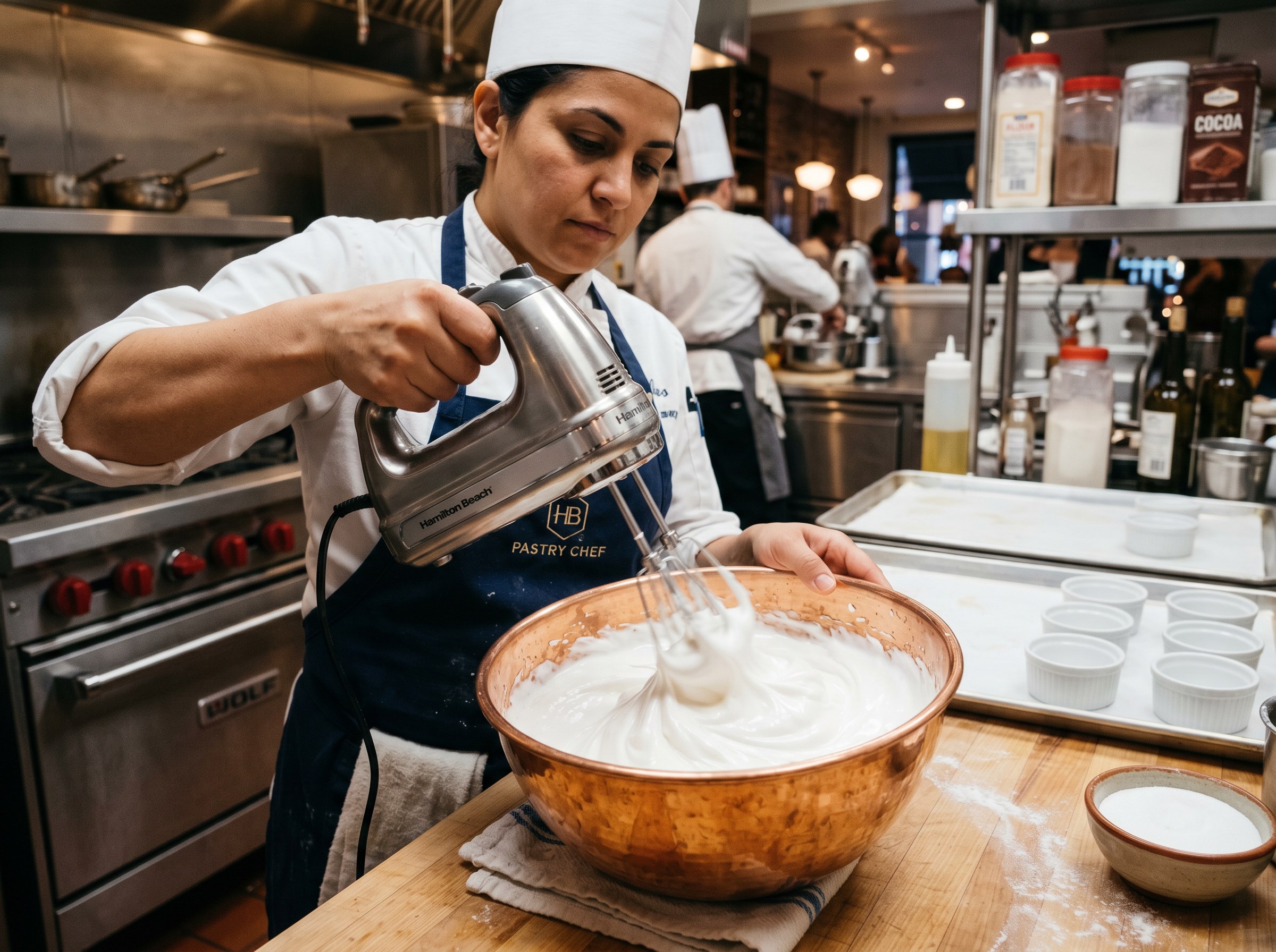 Pastry chef montando claras a punto de nieve firme con batidora eléctrica en bol de madera — ramequines preparados al fondo
