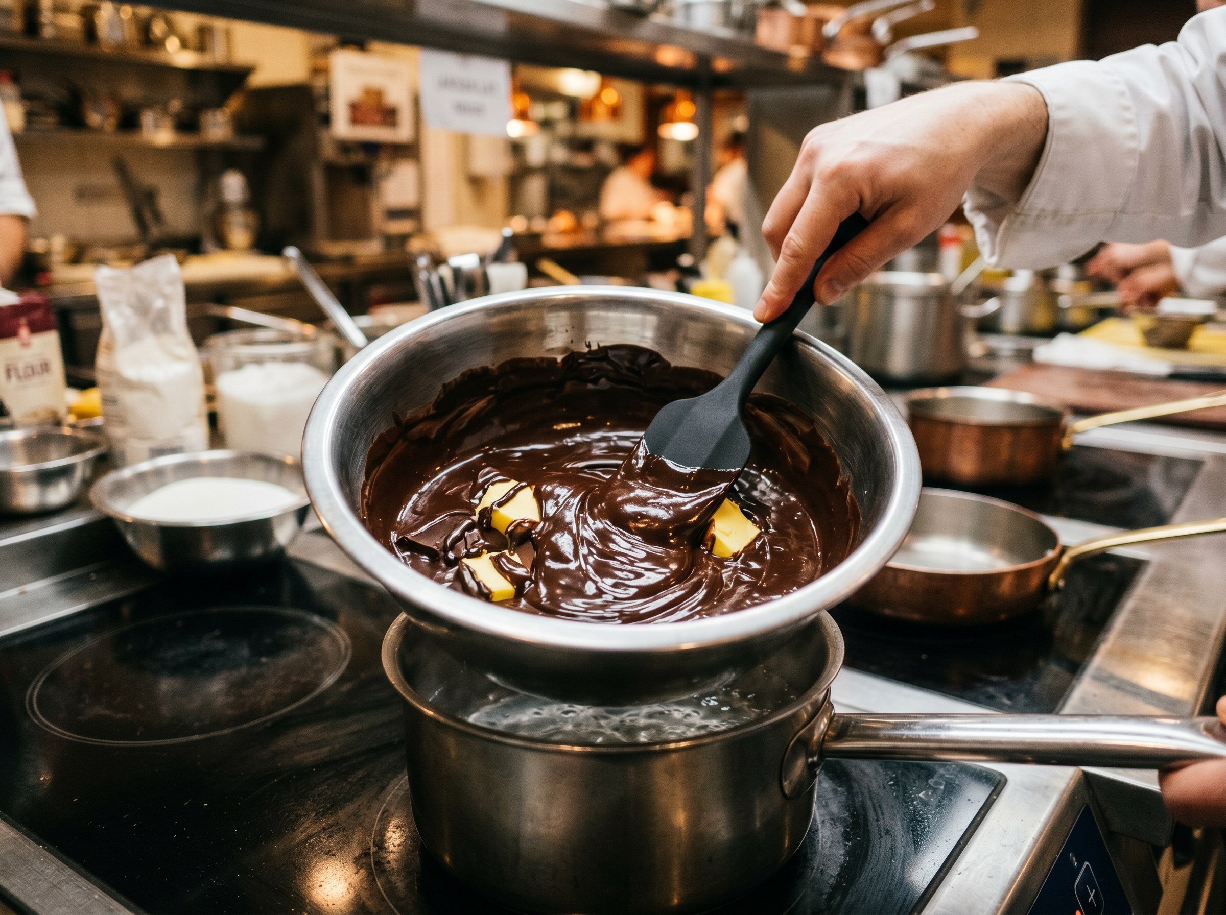 Chef fundiendo chocolate negro 70% con mantequilla al baño maría con espátula — cocina de restaurante profesional, base del soufflé