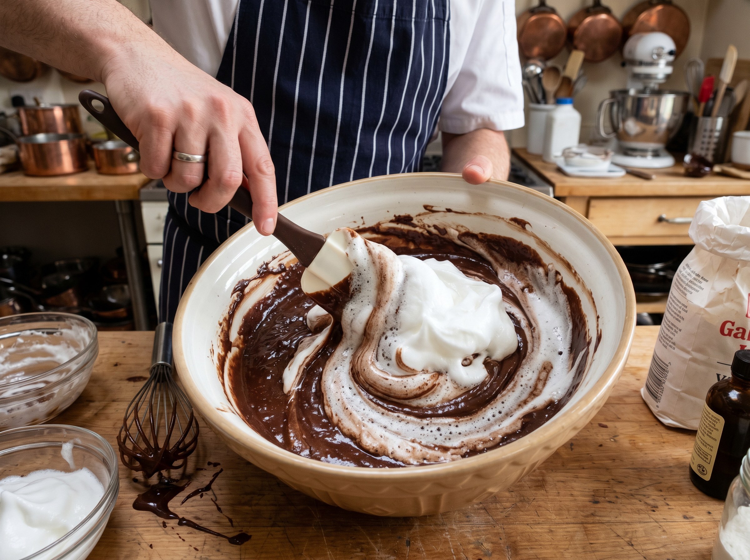 Remolino de merengue blanco incorporándose a la base oscura de chocolate con espátula — ensamblaje del soufflé