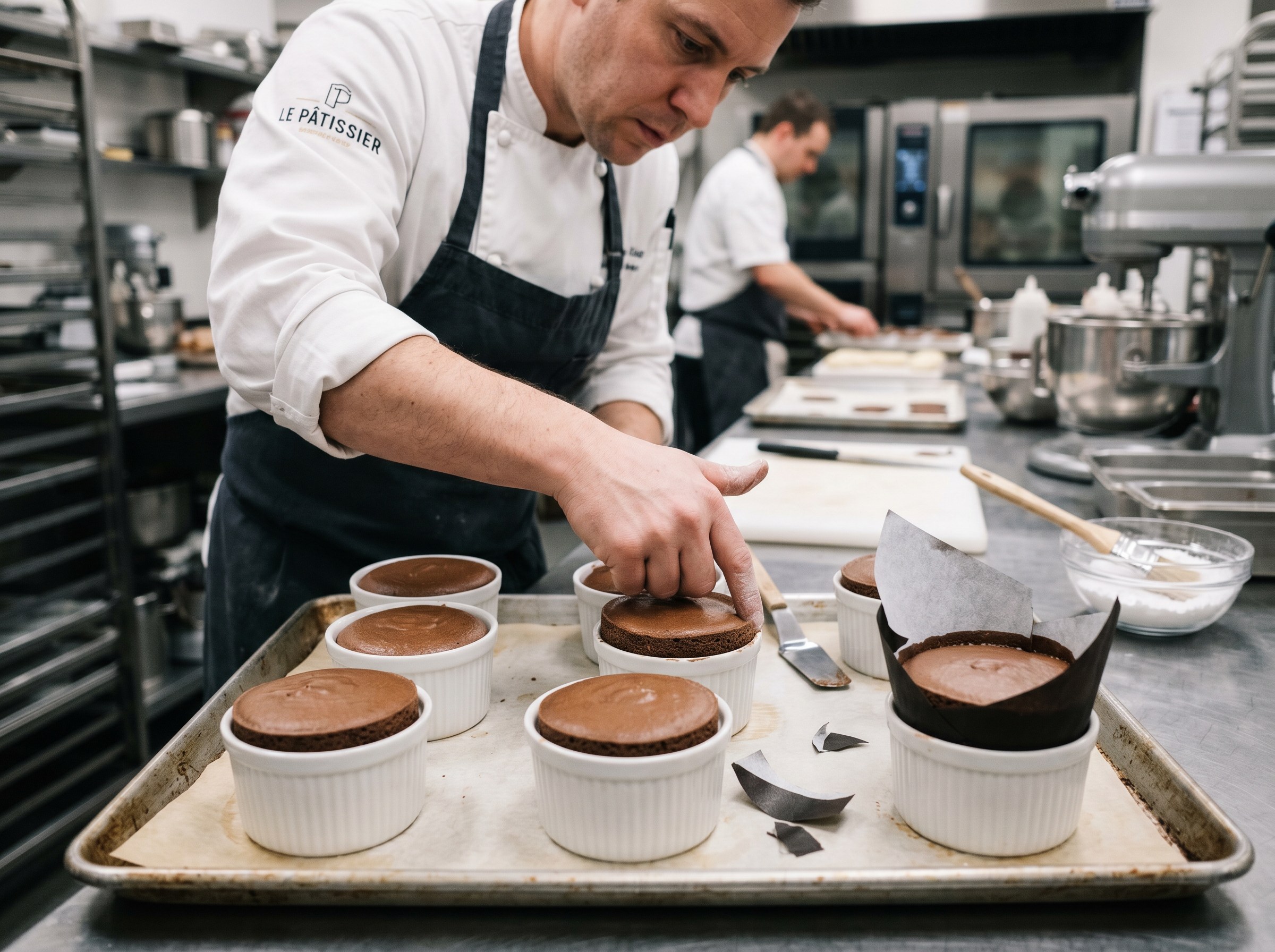 Chef pasando el pulgar por el borde interior de los ramequines llenos para crear la corona — varios ramequines en bandeja (Le Pâtissier)