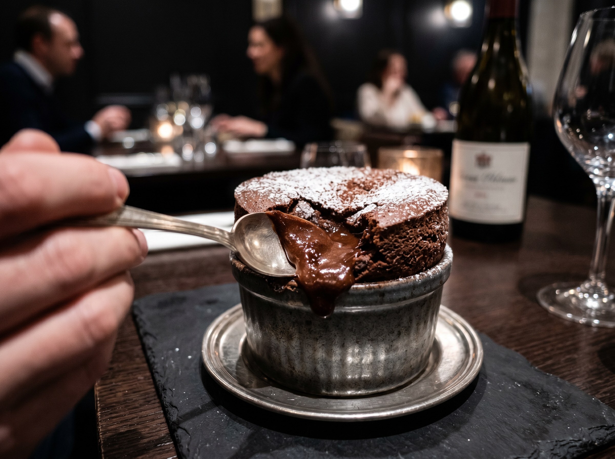 Comensal abriendo soufflé con cuchara en restaurante real, interior fundido visible, botella de vino al fondo — atmósfera íntima de restaurante