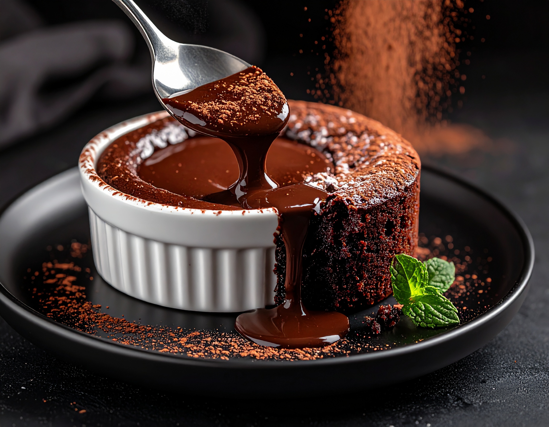 Soufflé cortado con chocolate líquido fluyendo hacia el plato negro, menta fresca, cacao espolvoreado — interior fundido dramático