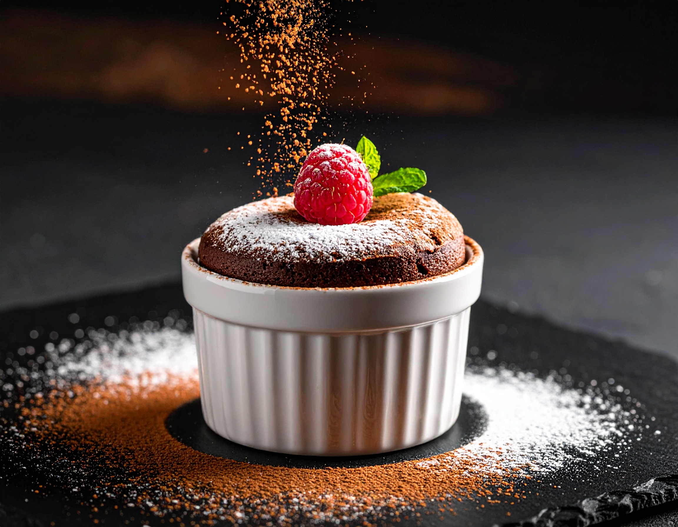 Soufflé de chocolate perfectamente esponjado en ramekin blanco con azúcar glass