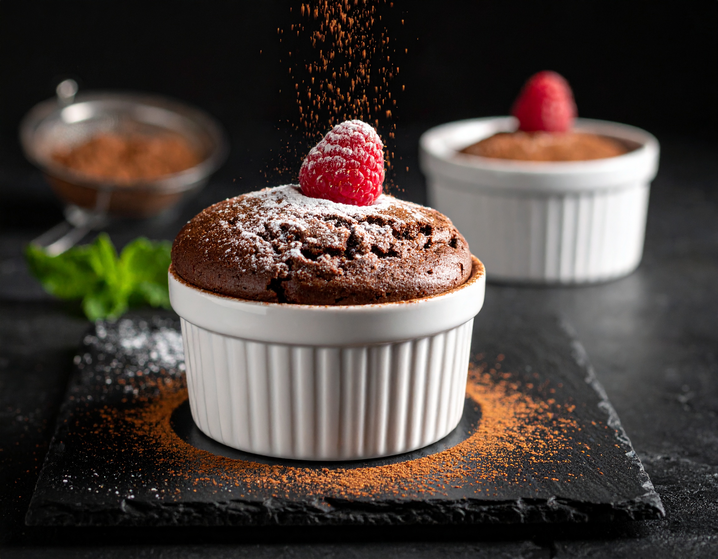 Dos soufflés de chocolate en ramekins blancos sobre pizarra negra, cacao en polvo cayendo, frambuesa — servicio de restaurante