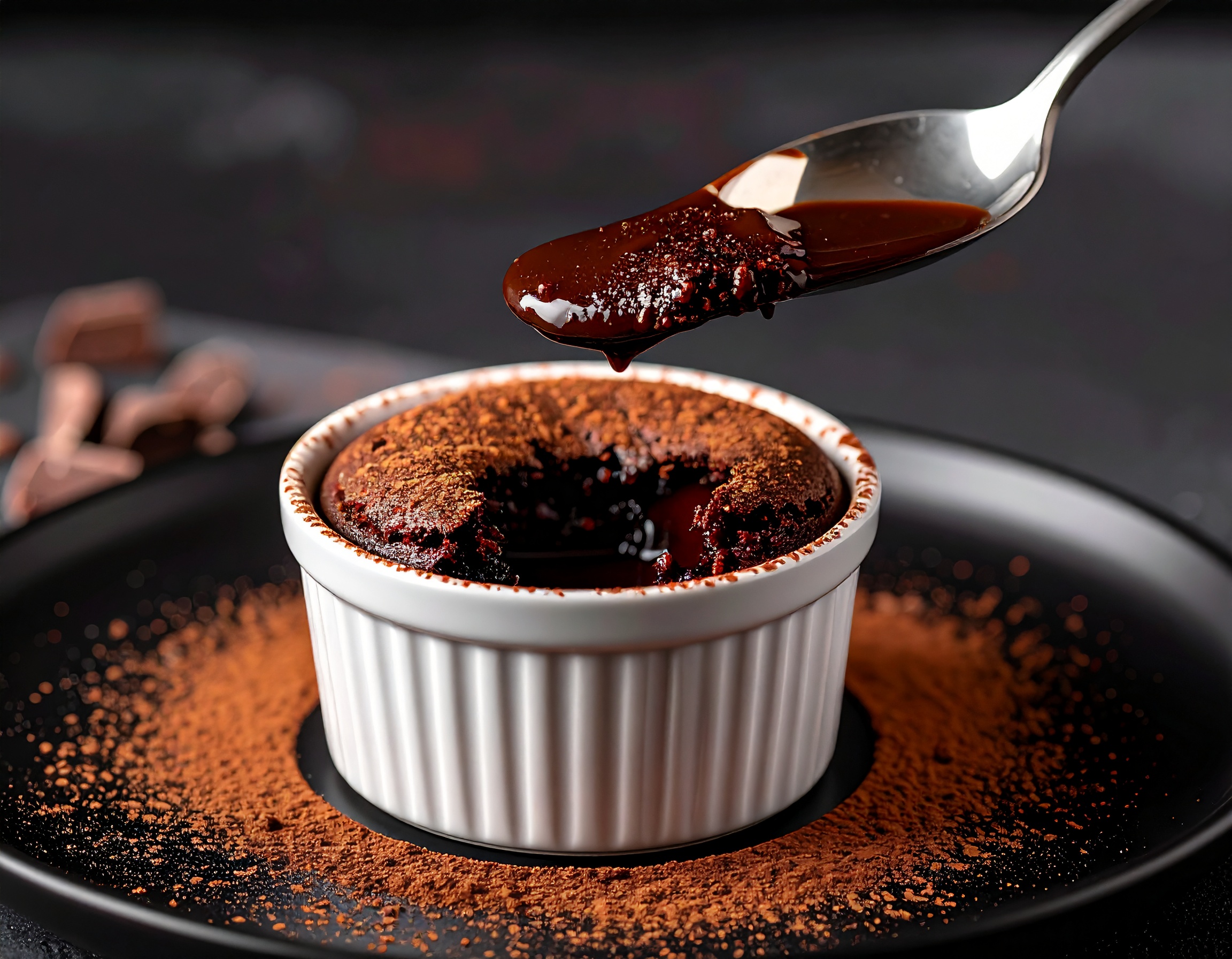 Soufflé abierto con cuchara mostrando el corazón fundido de chocolate negro cayendo, cacao en polvo alrededor, fondo oscuro