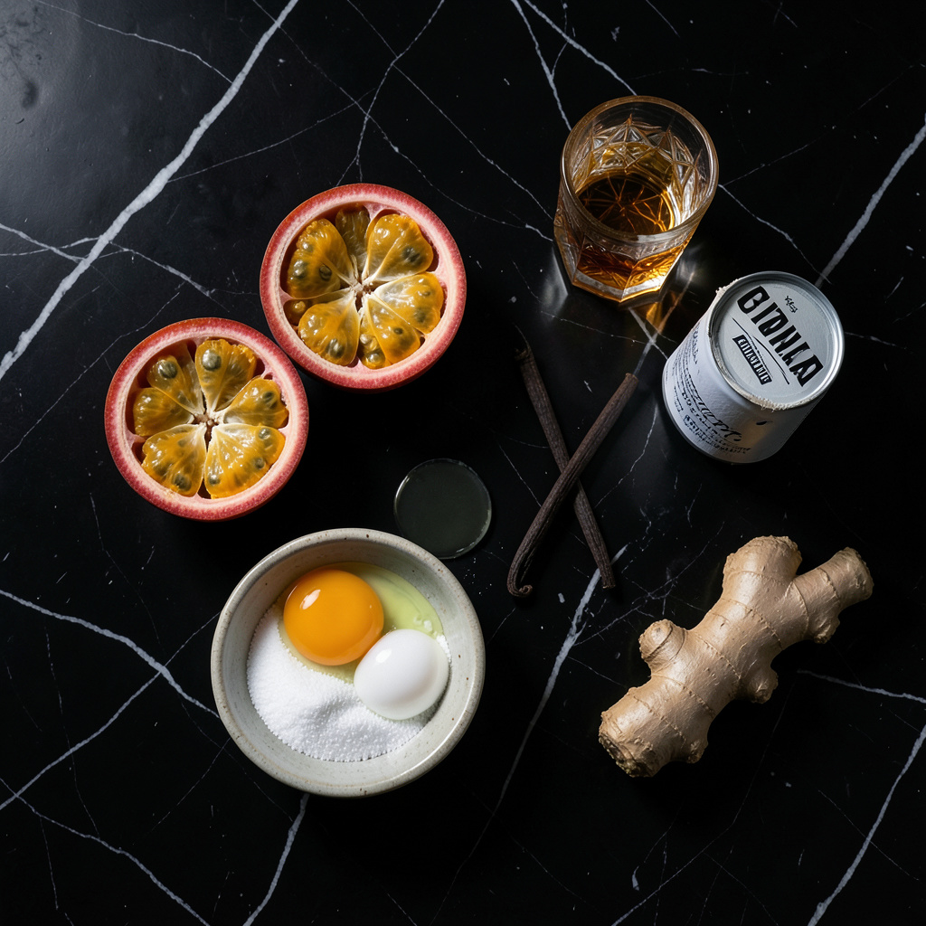 Flat lay ingredientes soufflé de maracuyá: frutas de la pasión, huevos, azúcar, vainilla, jengibre, leche de coco