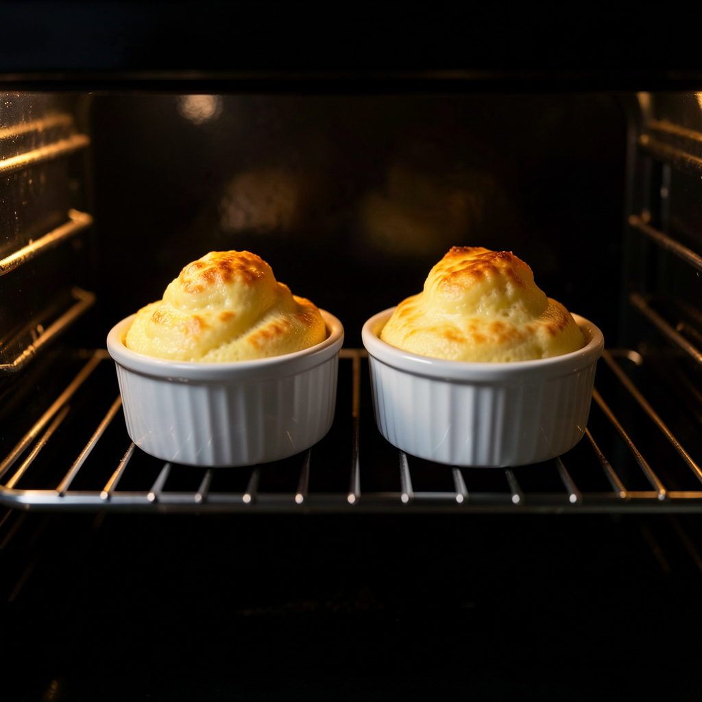 Dos soufflés de maracuyá subiendo perfectos dentro del horno, cúpulas doradas sobre los ramekins