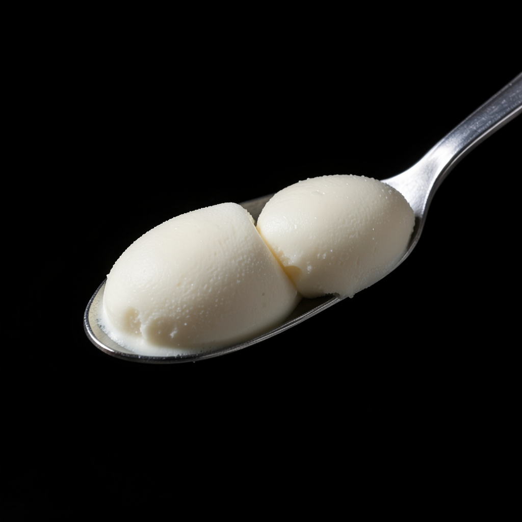 Dos quenelles perfectas de crema helada de coco sobre cuchara plateada, fondo negro